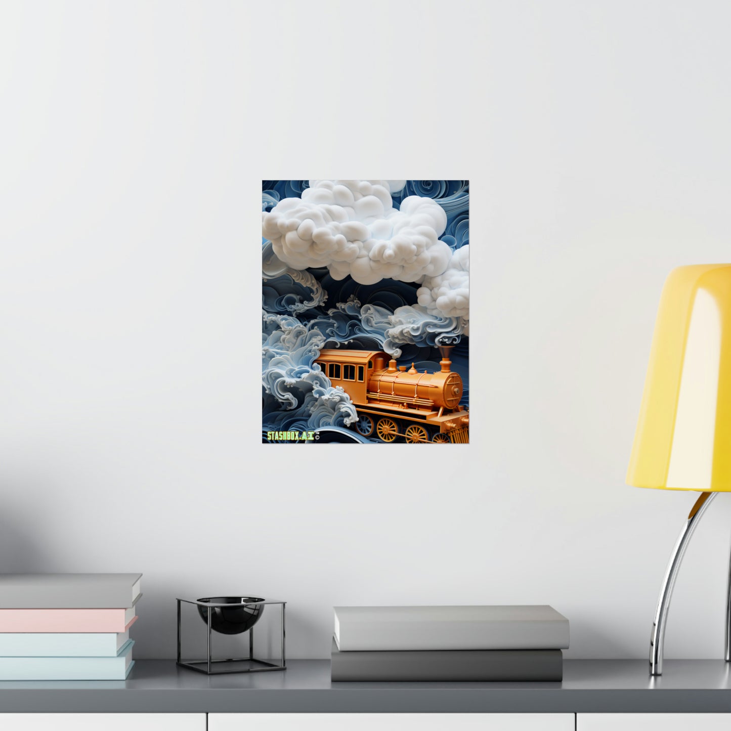 Matte Vertical Poster Train 3D Textured Psychedelic Puffy Clouds Ocean Waves Train 016