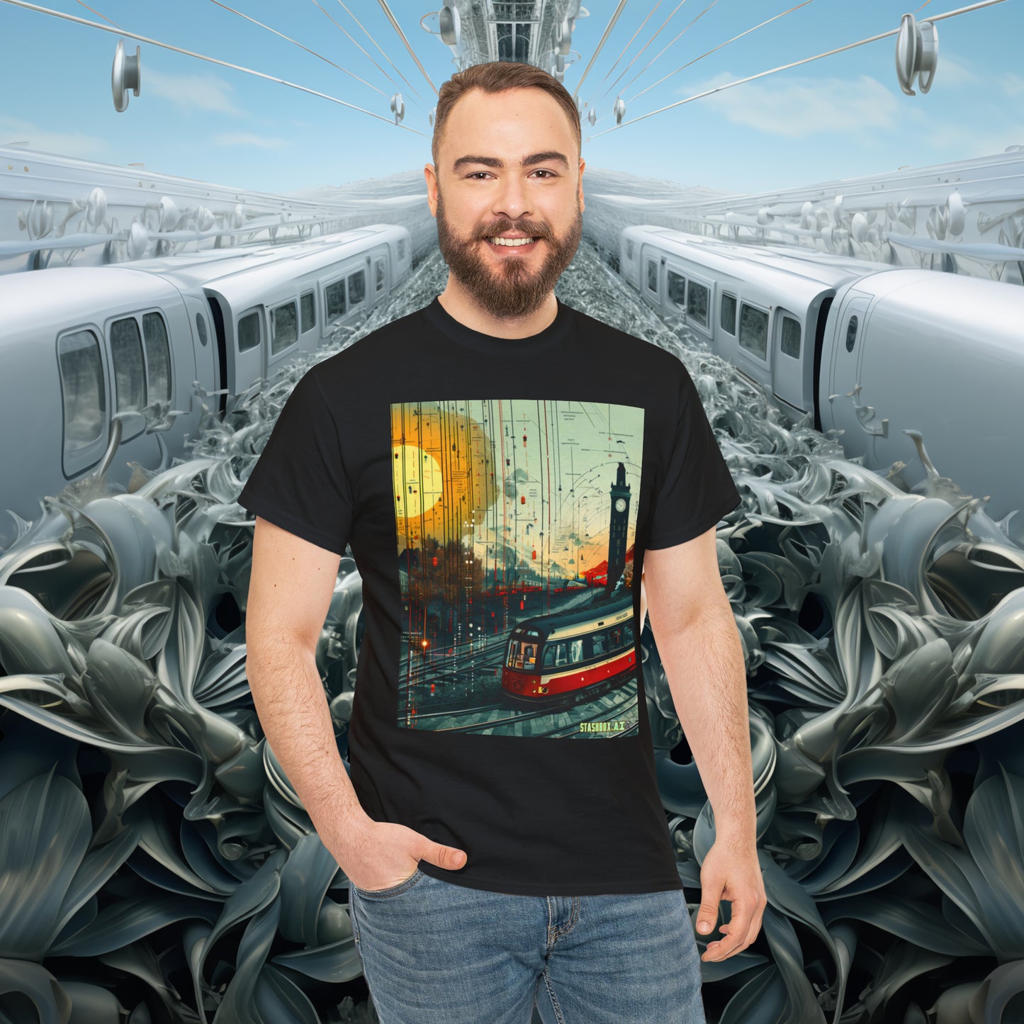 Unisex Heavy Cotton Tee Train Bauhaus Art Style Design 002