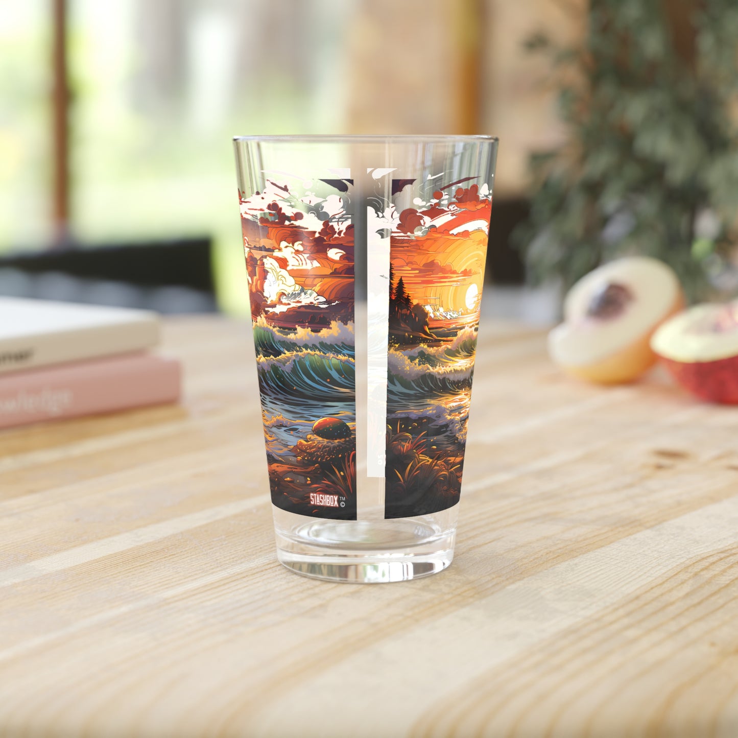 Pint Glass 16oz Cartoon Fantasy Beach Waves Design 054