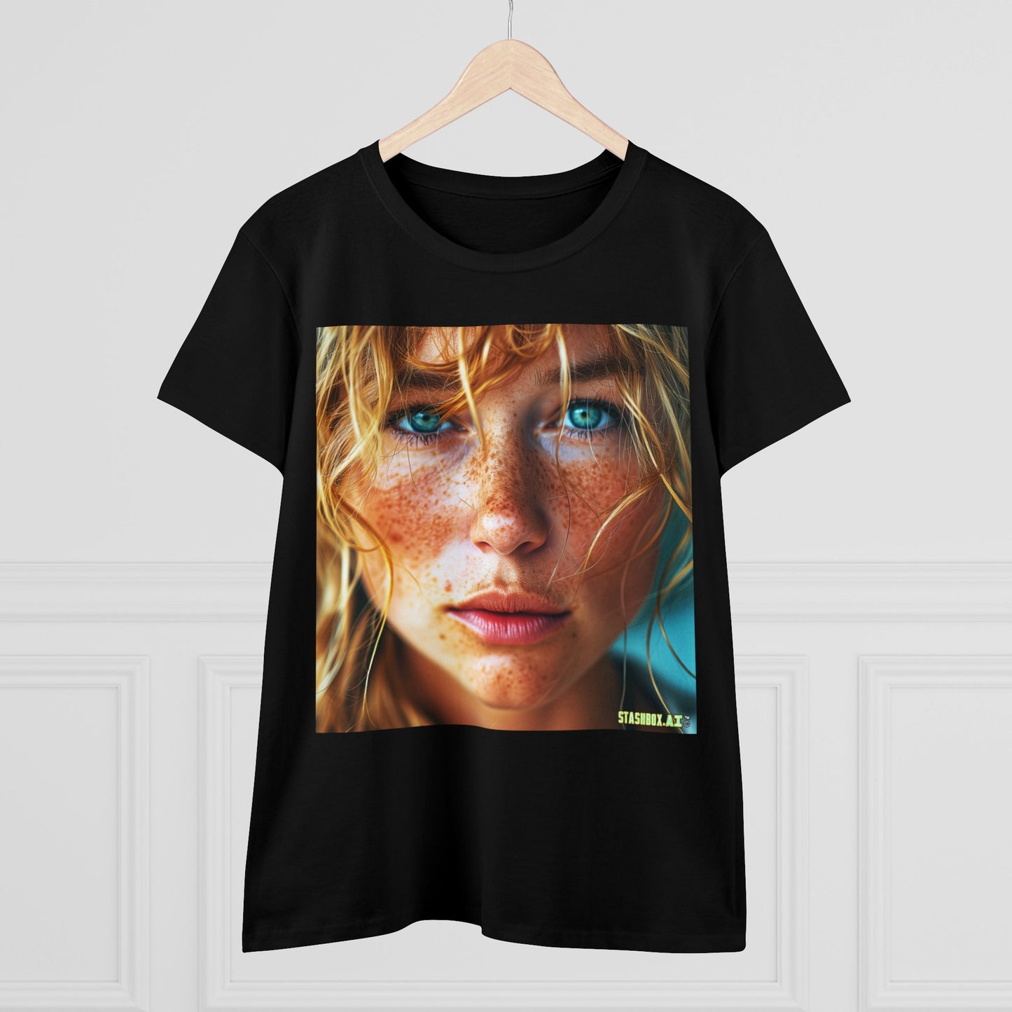 Women's Midweight Cotton Tshirt Redhead Model Beautiful Face Close Up 021