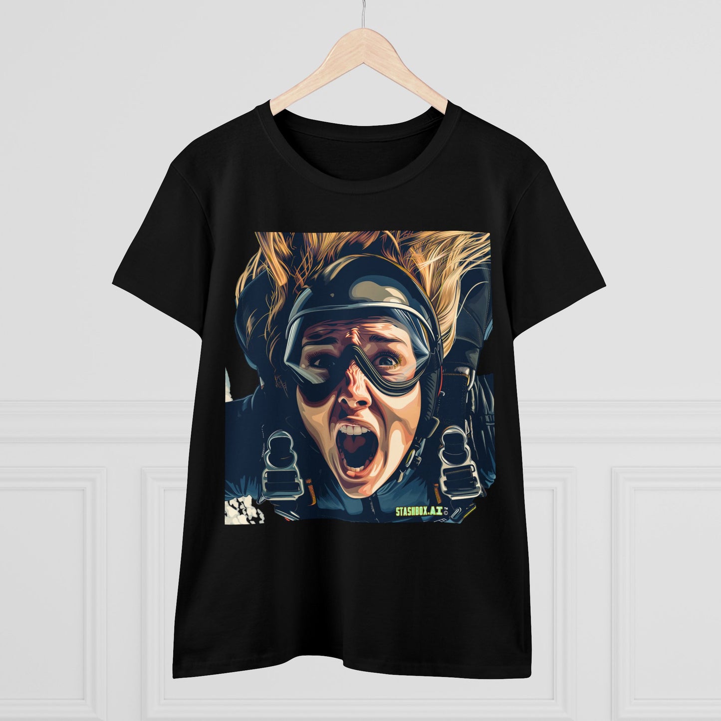 Women's Midweight Cotton Tshirt Terrified Skydiver Close Up 020