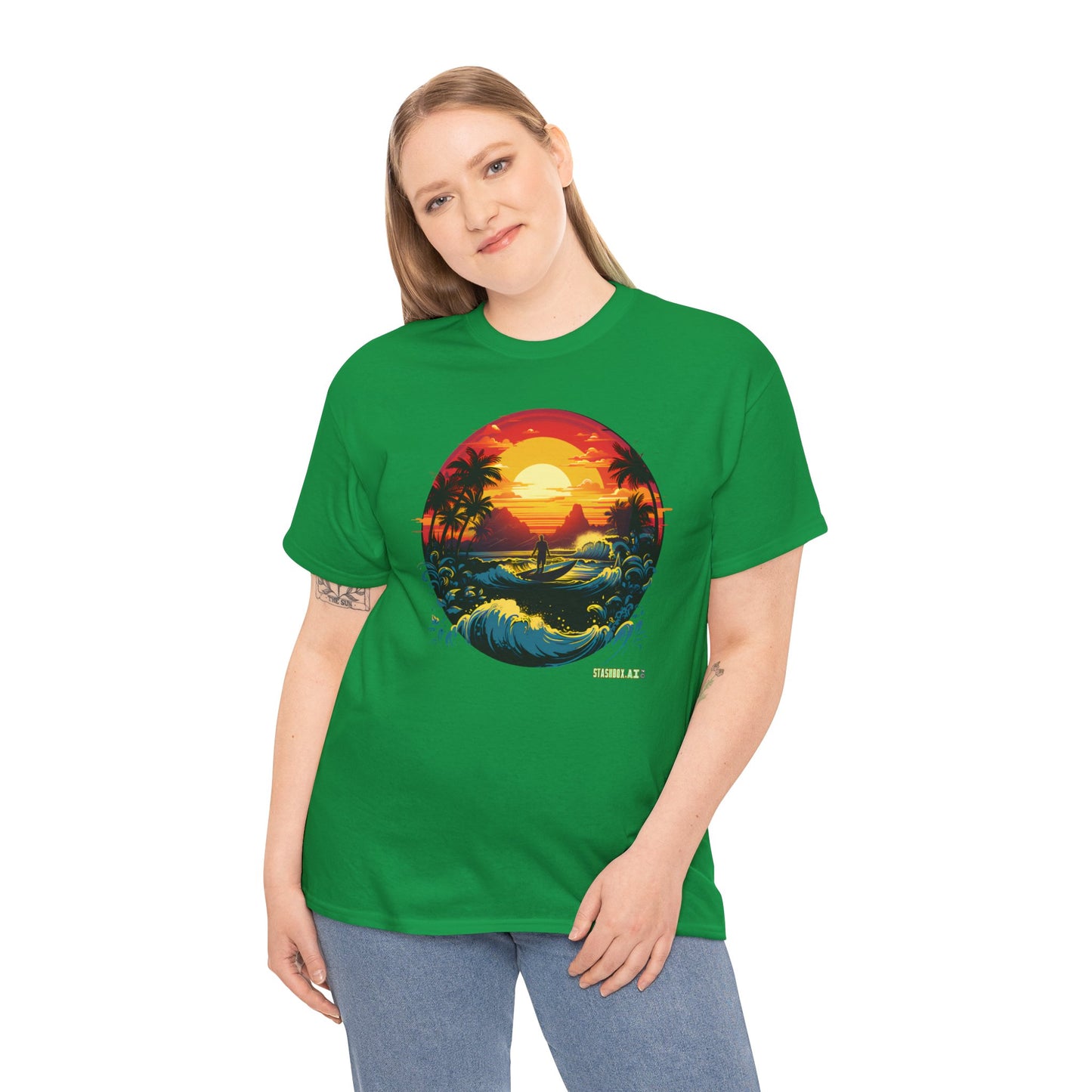 Unisex Heavy Cotton Tshirt Perfect Beach Sunset w/ Waves 036