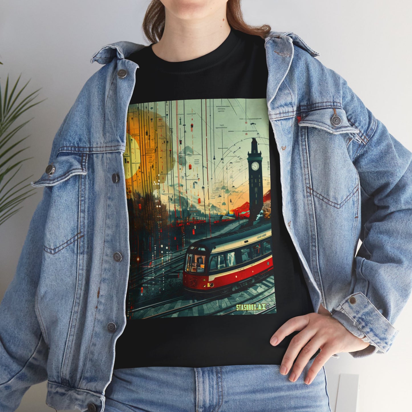 Unisex Heavy Cotton Tee Train Bauhaus Art Style Design 002