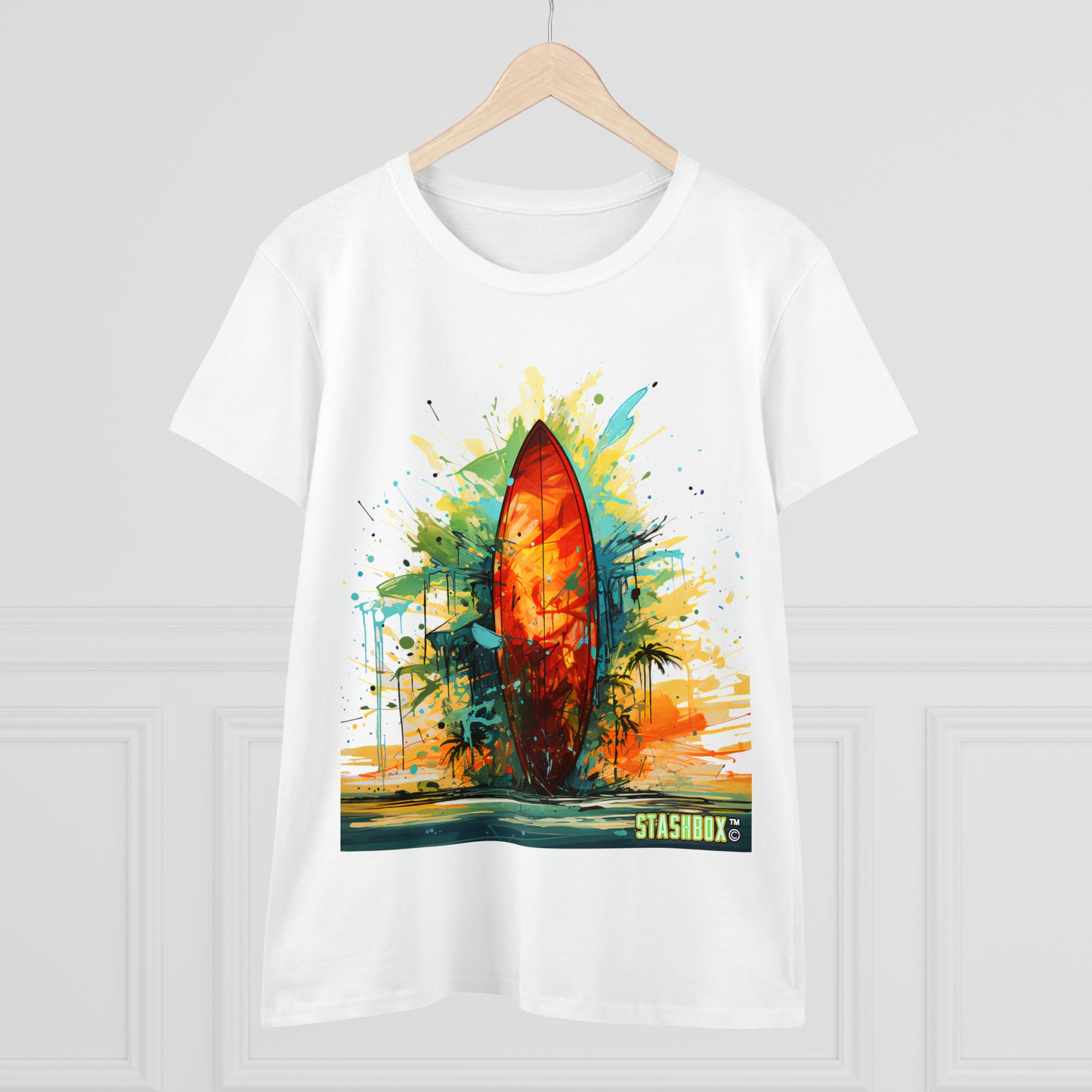 Surf in Style: Dive into the colorful world of surfboard art with our Women's Midweight Cotton Tee - Surfboard Design #010. Vibrant paint strokes meet comfortable fabric, making this tee perfect for beach days and beyond. 🌊👚 #SurfboardArtistry #BeachFashion #StashboxTees