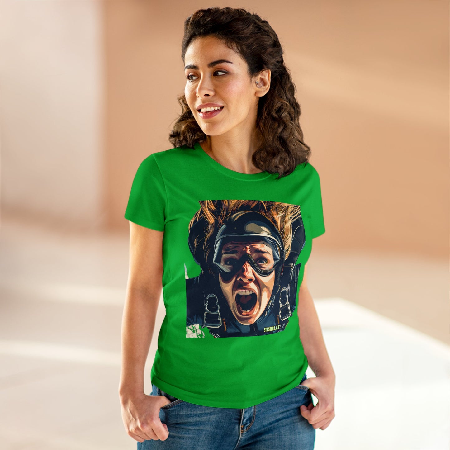 Women's Midweight Cotton Tshirt Terrified Skydiver Close Up 020