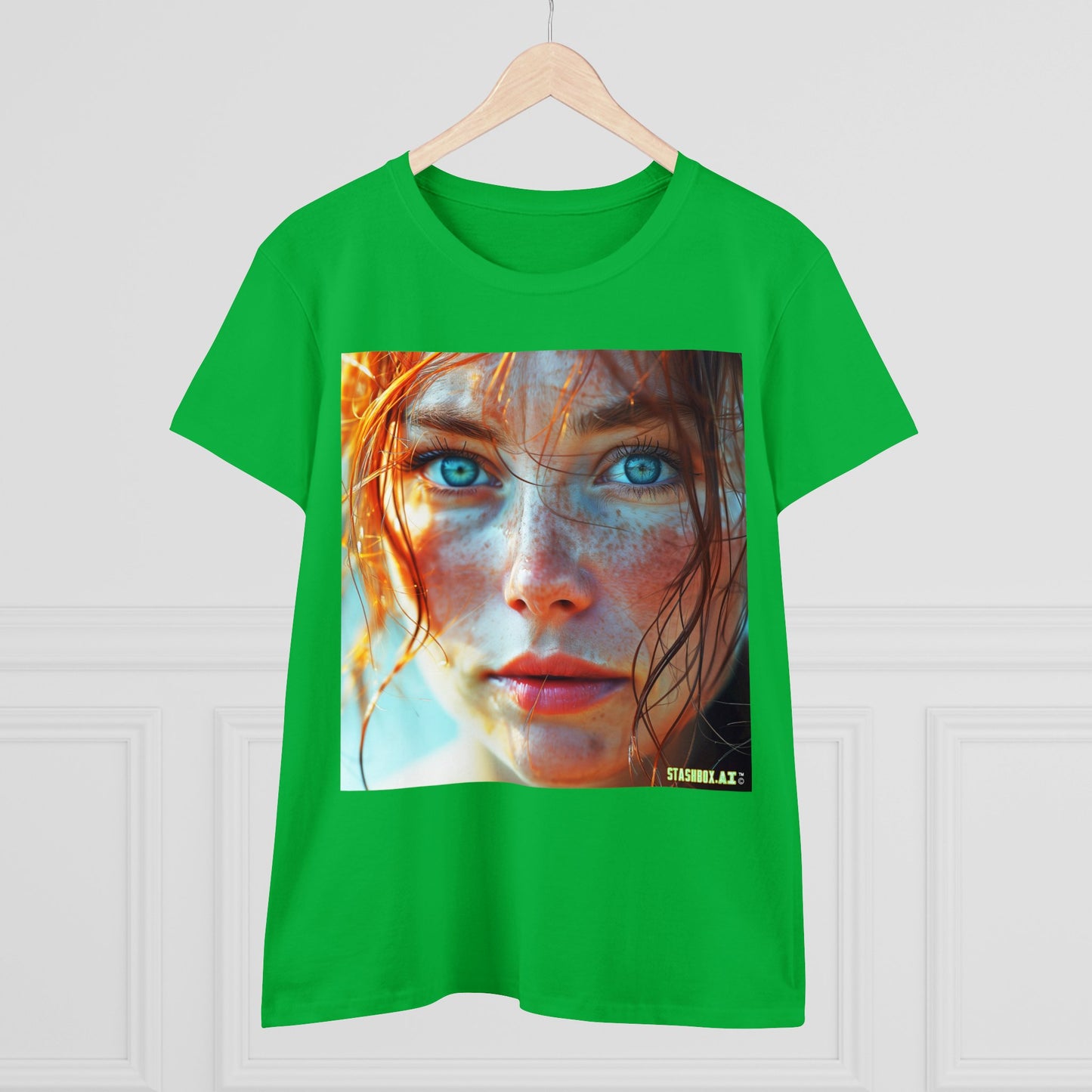 Women's Midweight Cotton Tshirt Redhead Model Beautiful Face Close Up 020