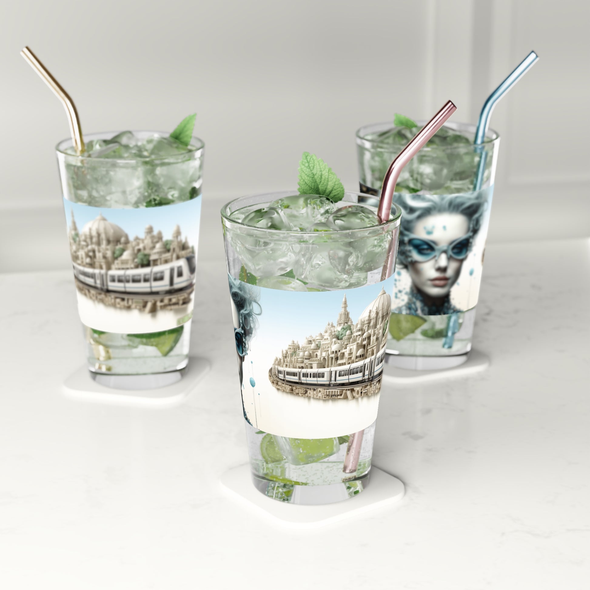 Elevate your collection with our Surreal Metro Pint Glass. Featuring the captivating Düsseldorf School of Photography style, this glass showcases a woman, a train, and surreal beauty in silver and aquamarine. #ArtLover #UniqueGlassware