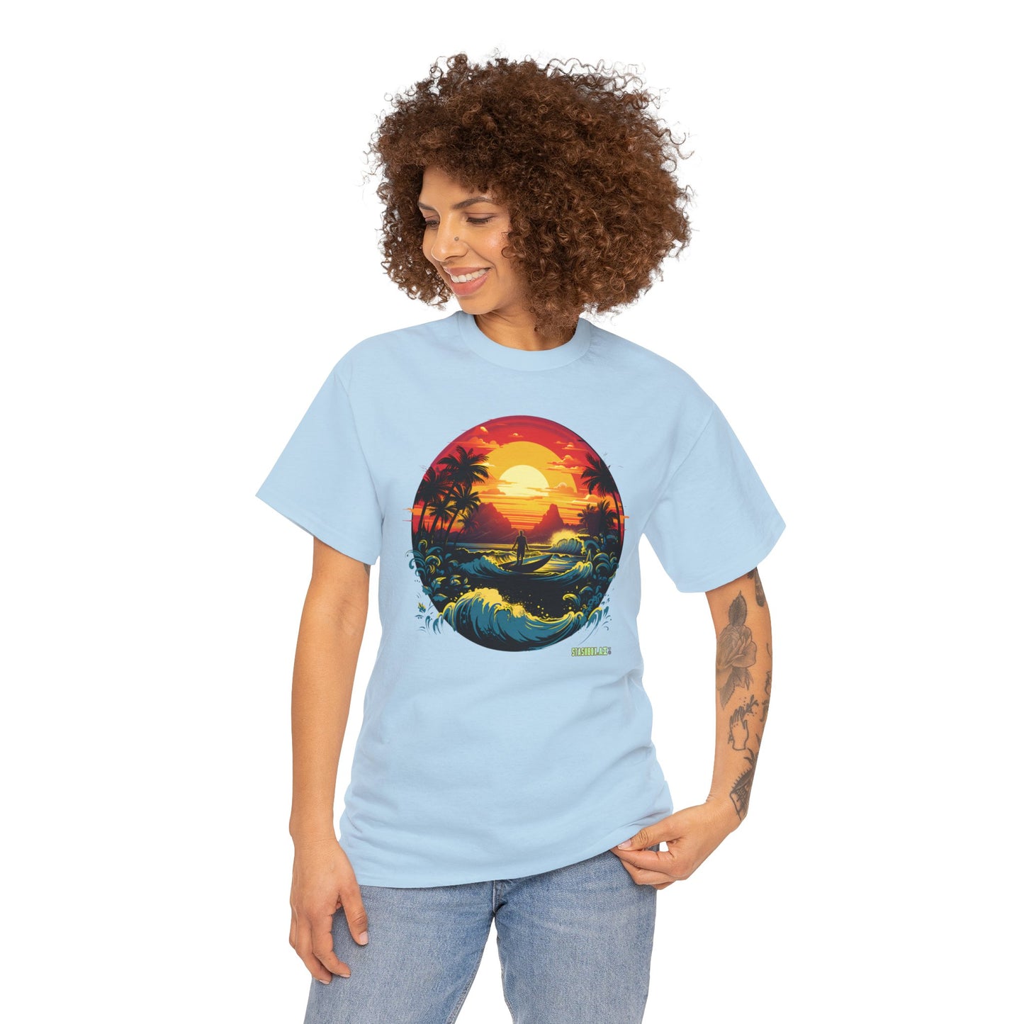 Unisex Heavy Cotton Tshirt Perfect Beach Sunset w/ Waves 036
