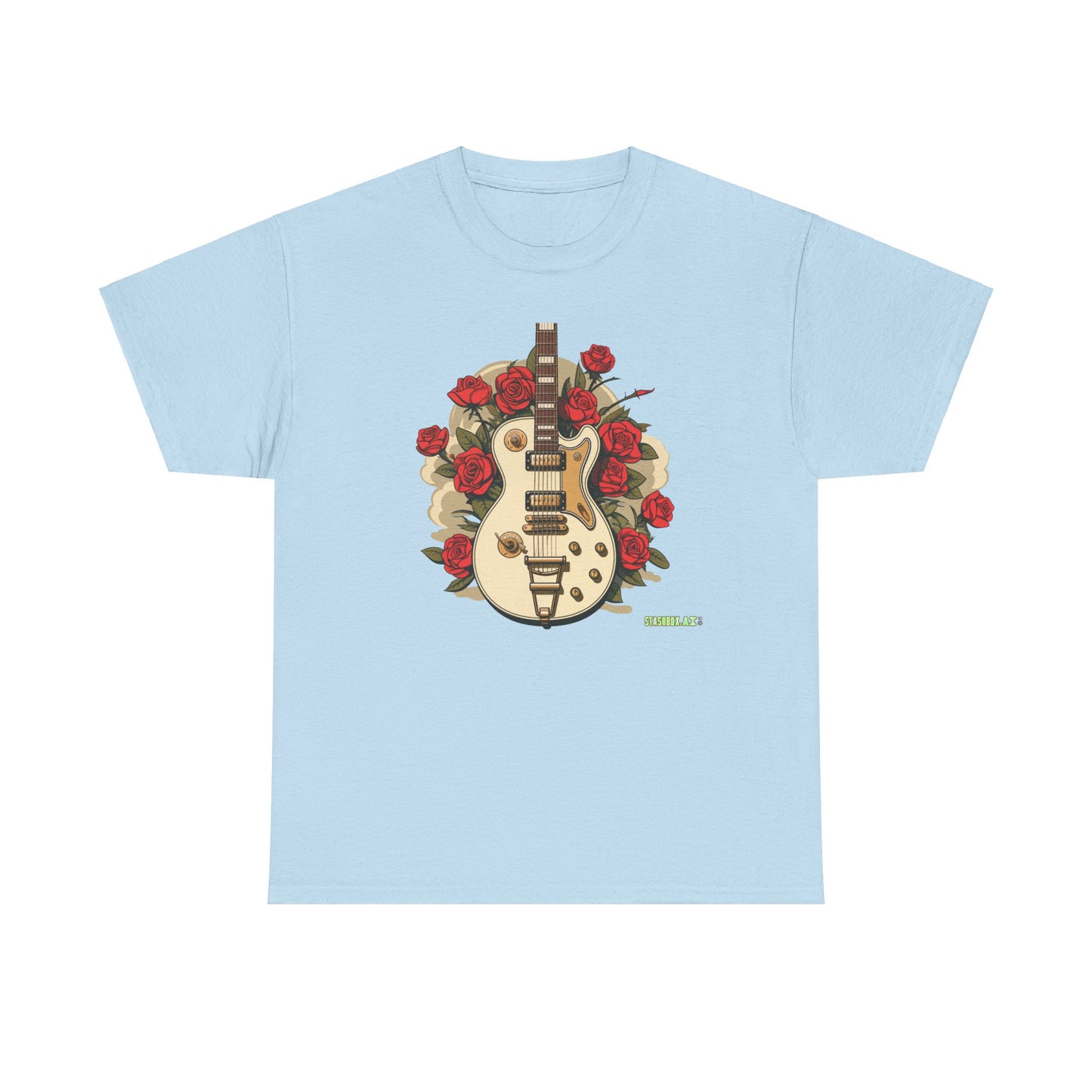 Unisex Heavy Cotton Tshirt Stylish Roses and Guitar 003