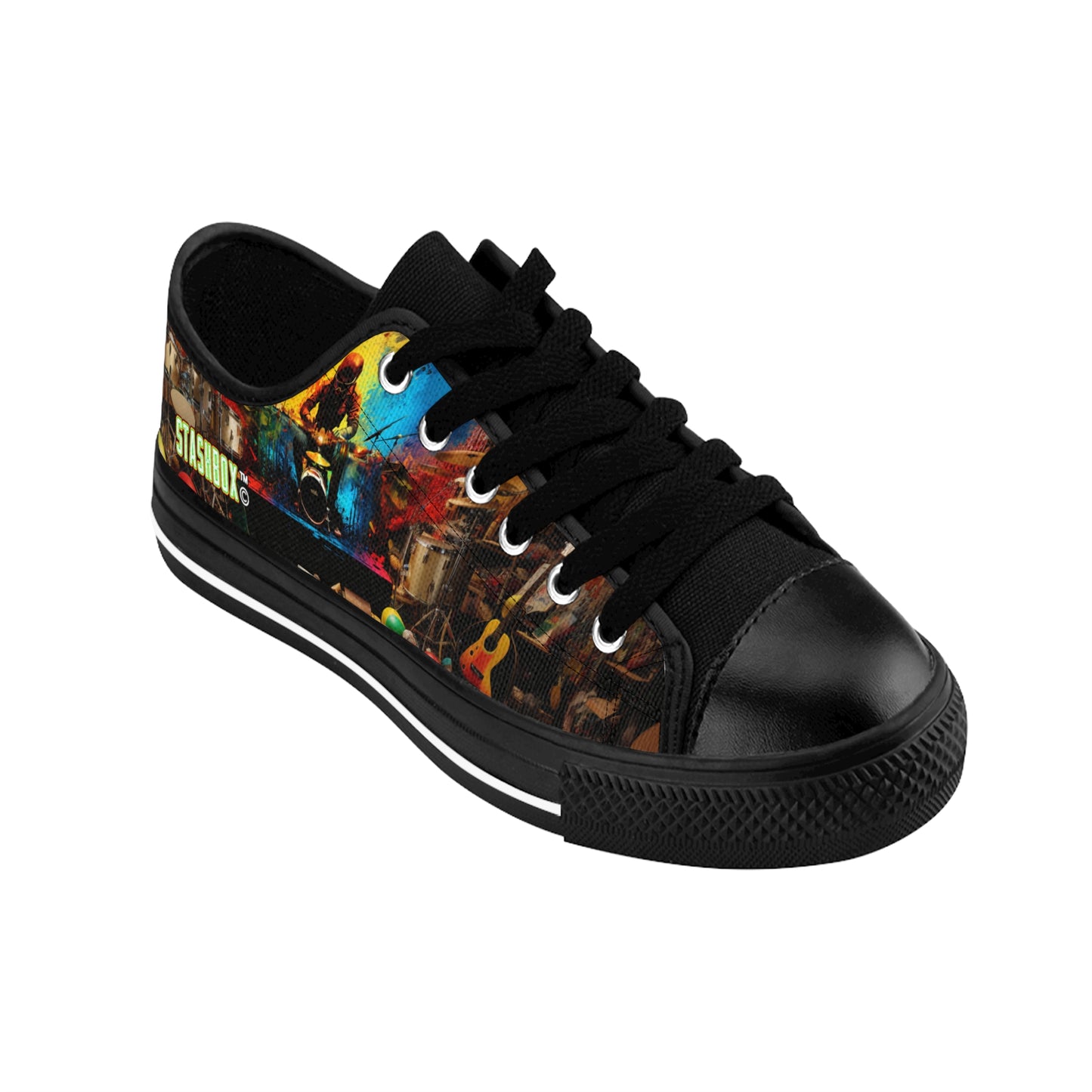 STASHBOX.AI Rasta Drummer Green Yellow Red Color Explosion - Custom Shoes with original reggae and music artwork