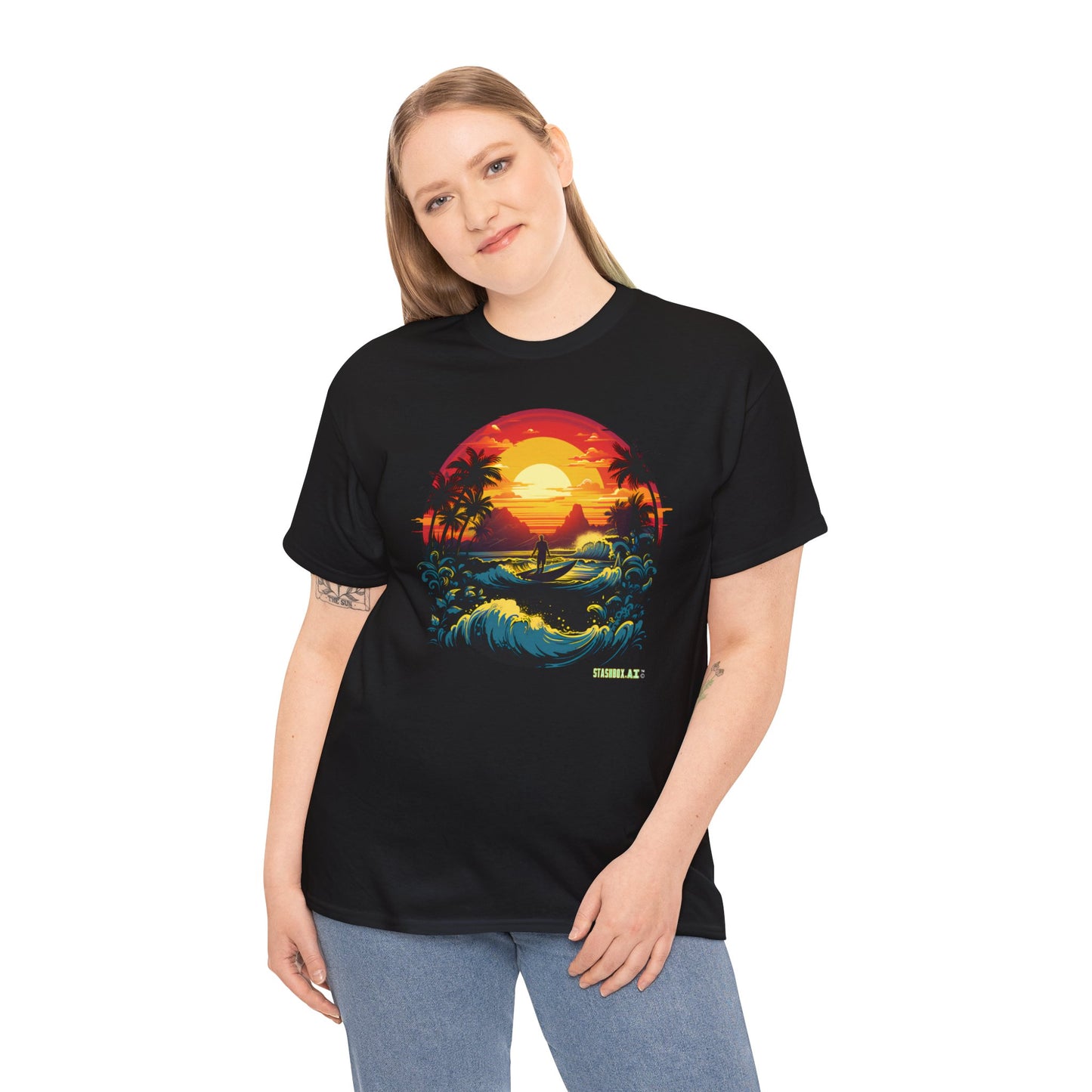 Unisex Heavy Cotton Tshirt Perfect Beach Sunset w/ Waves 036