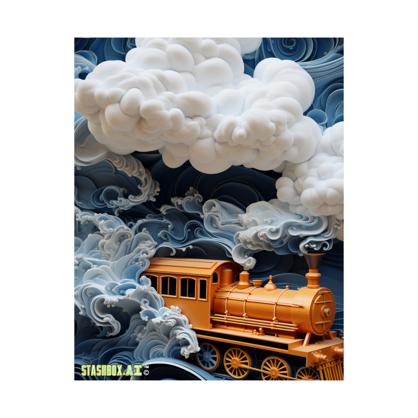 Matte Vertical Poster Train 3D Textured Psychedelic Puffy Clouds Ocean Waves Train 016