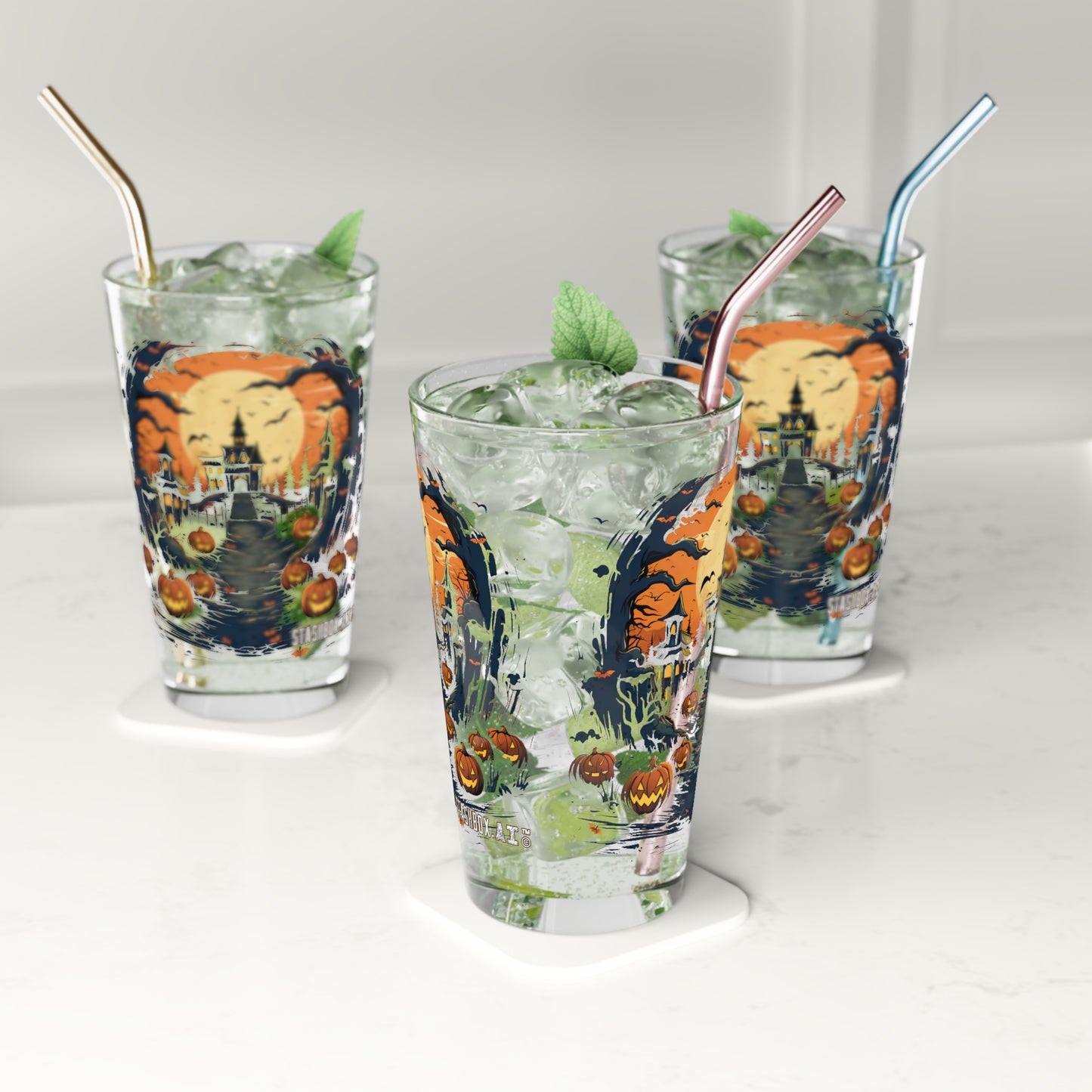 Pint Glass, 16oz Halloween Haunted House & Pumpkin 007