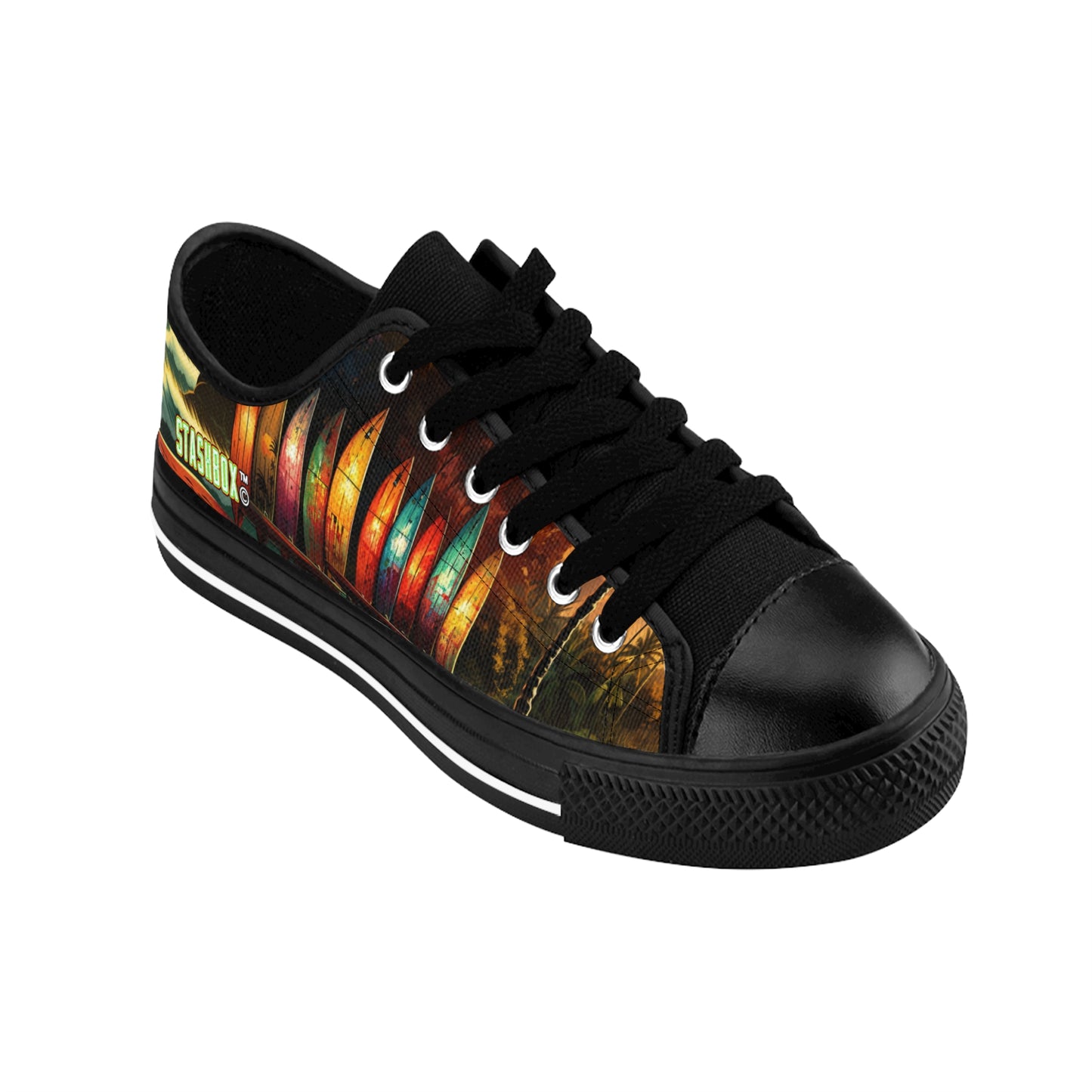 STASHBOX.AI Hawaiian Longboard Surfboards in Hawaiian Sunset Beach Shoes with original music and beach artwork