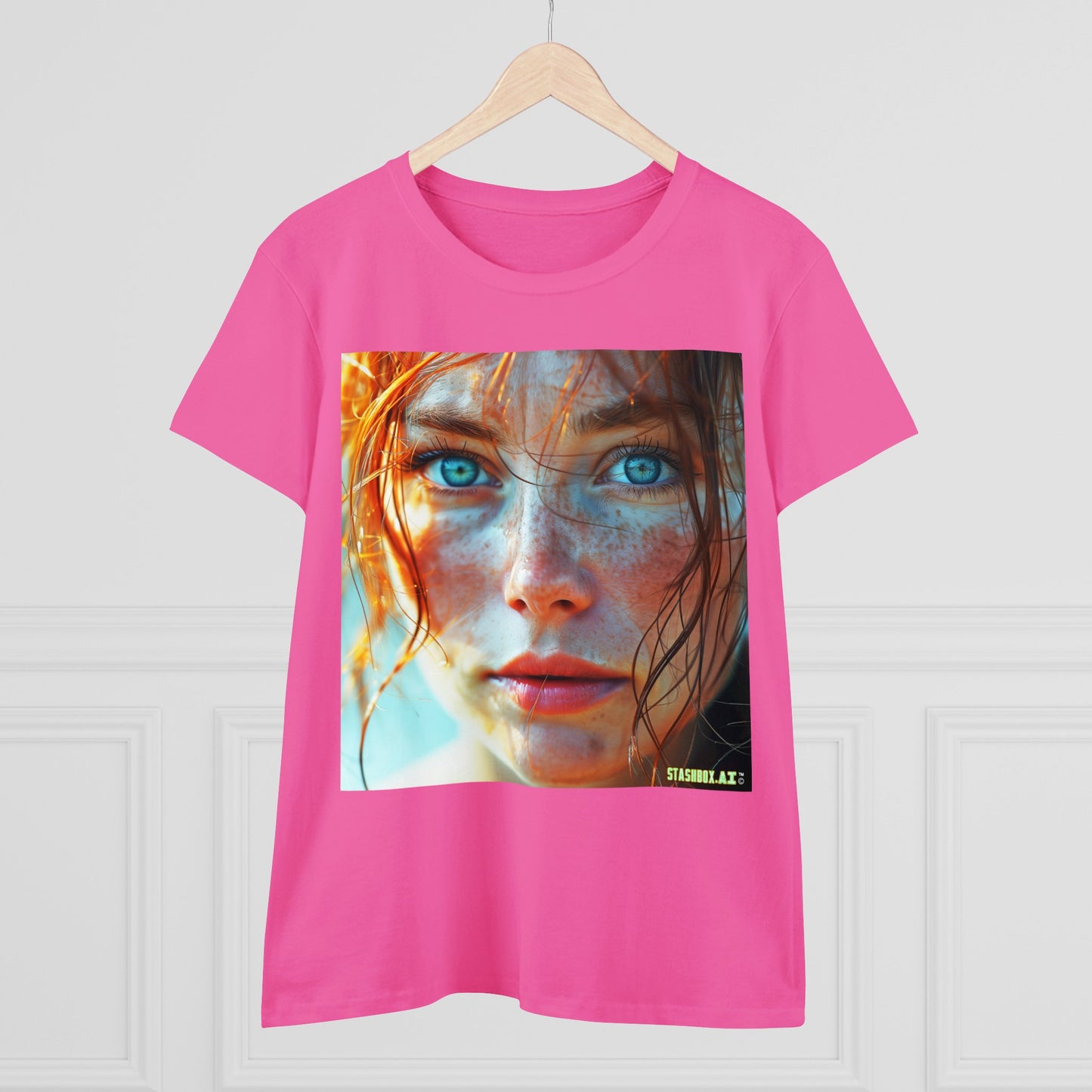 Women's Midweight Cotton Tshirt Redhead Model Beautiful Face Close Up 020