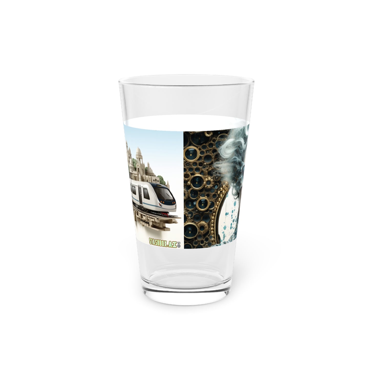 Experience the allure of orientalism and surreal 3D landscapes on our Silver & Aquamarine Pint Glass. Perfectly capturing the essence of a woman and a metro, it's a testament to imaginative design. #SurrealDesign #StashboxMetro