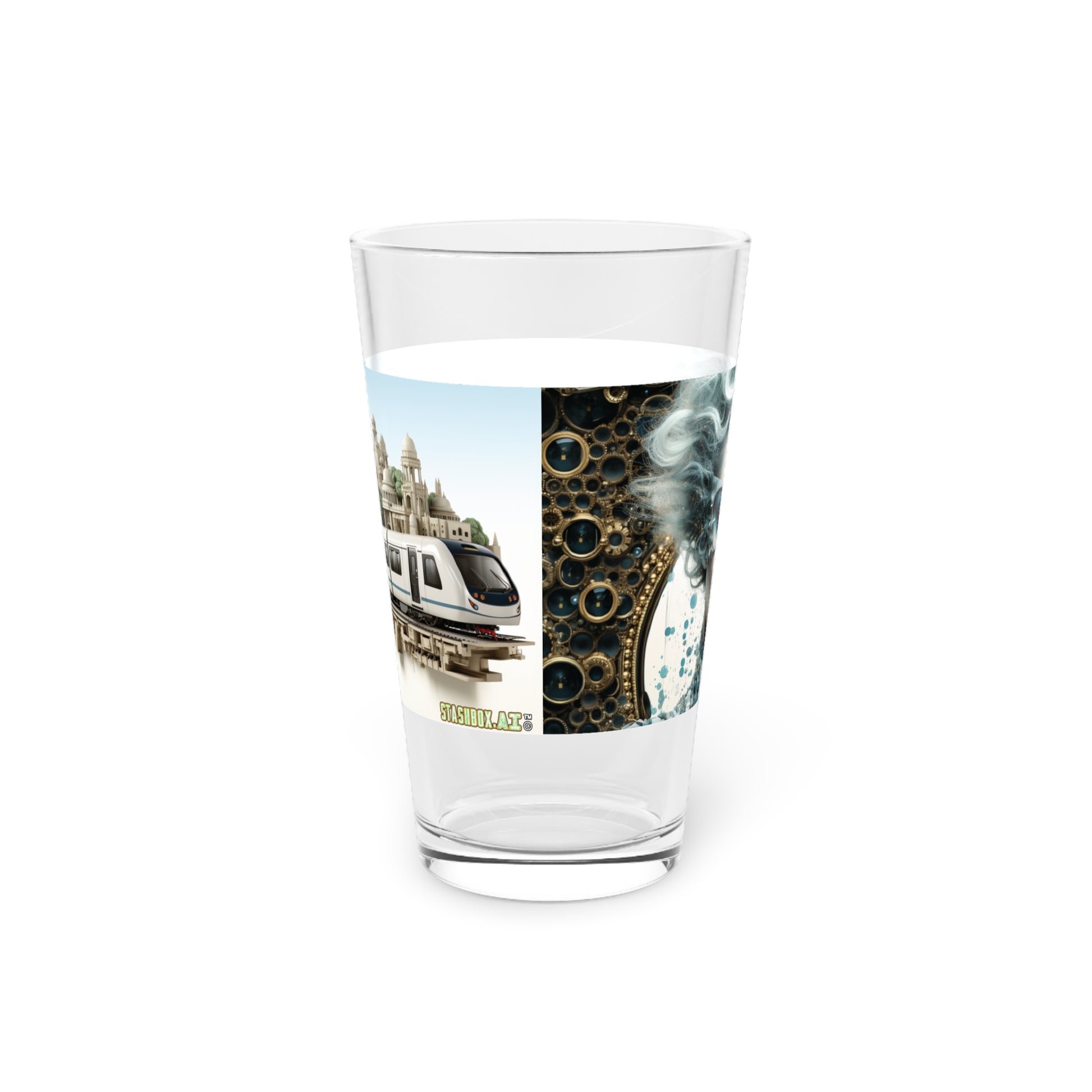 Experience the allure of orientalism and surreal 3D landscapes on our Silver & Aquamarine Pint Glass. Perfectly capturing the essence of a woman and a metro, it's a testament to imaginative design. #SurrealDesign #StashboxMetro