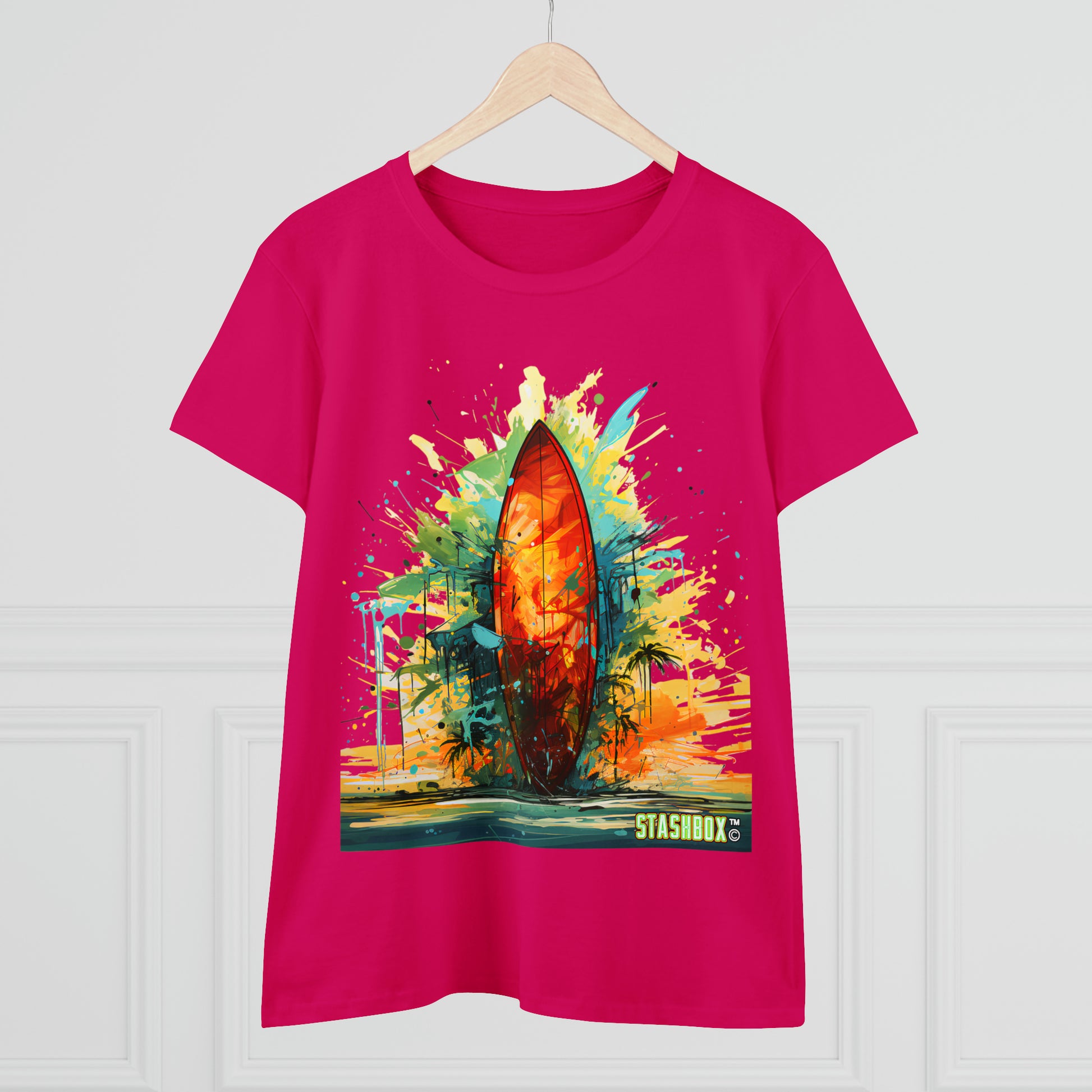 Beachy Hues, Stylish You: Embrace the spirit of the shore with our Women's Midweight Cotton Tee - Surfboard Design #010. Featuring vibrant paint art, this tee captures the essence of beachy bliss and artistic expression. 🎨🏖️ #BeachVibes #StashboxStyle #SurfboardCharm