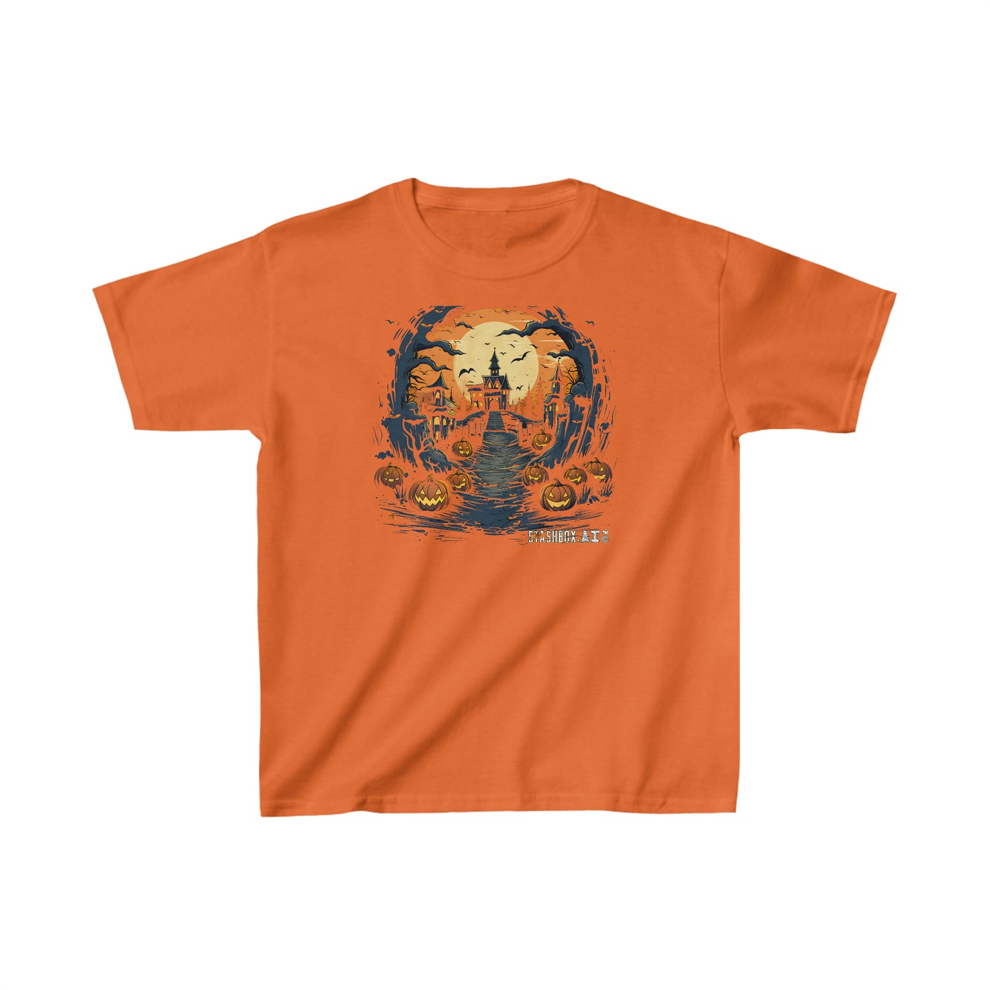 Toddler Kids Heavy Cotton™ Tee Shirt Halloween Haunted House & Pumpkin 007
