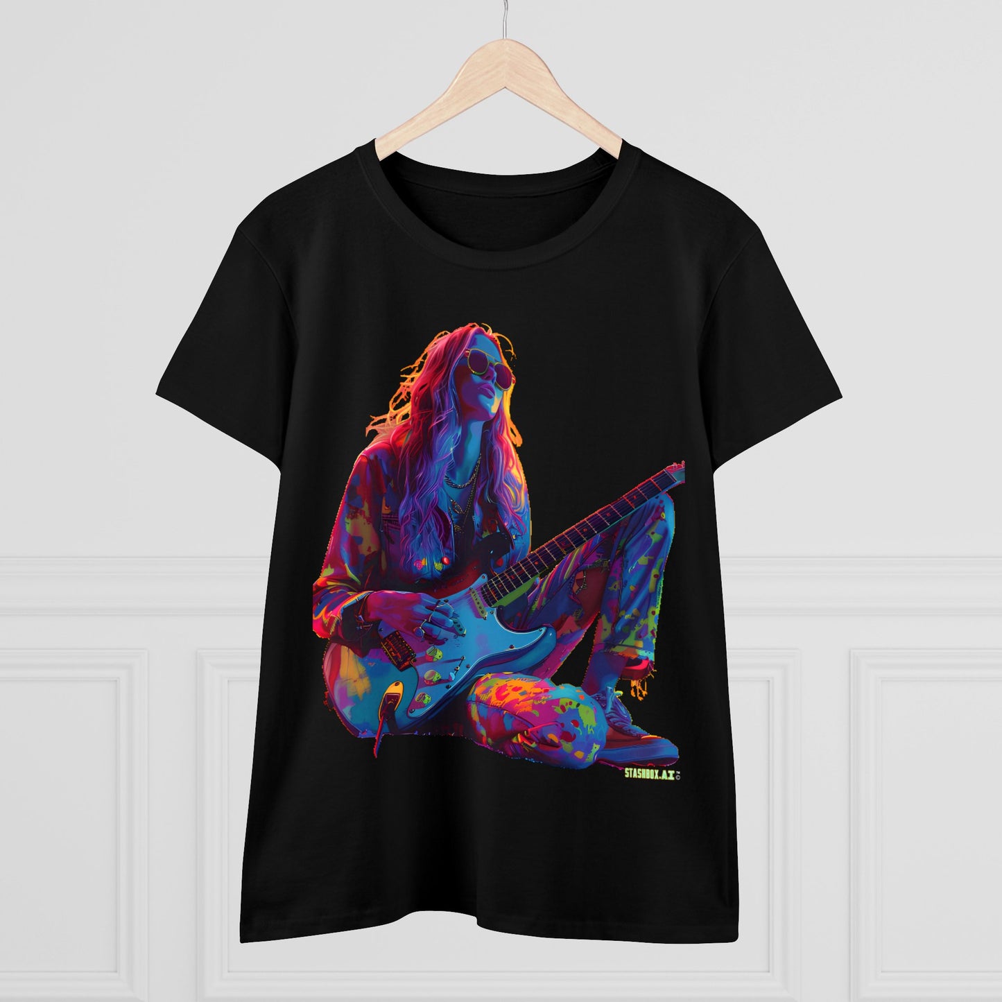 Women's Midweight Cotton Tshirt Colorful Hippy Female Guitarist in the Groove  002