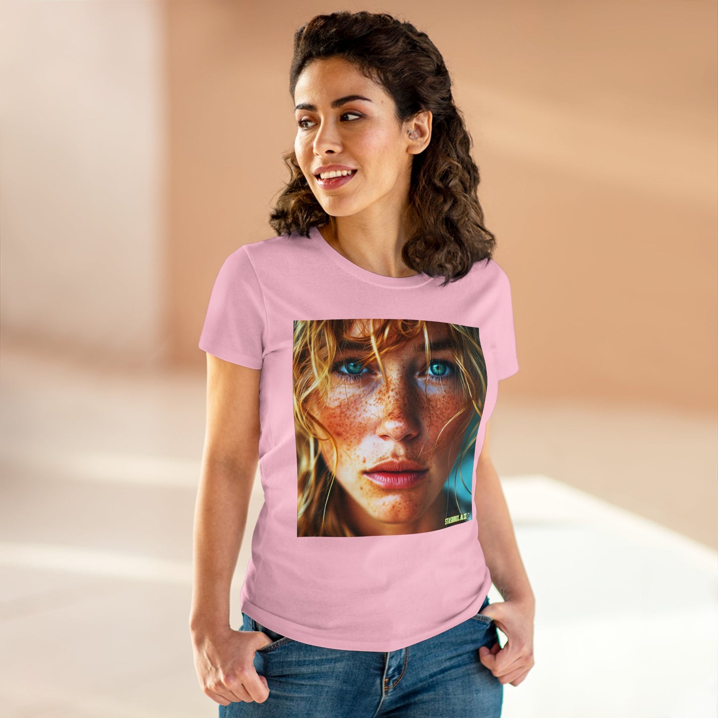 Women's Midweight Cotton Tshirt Redhead Model Beautiful Face Close Up 021