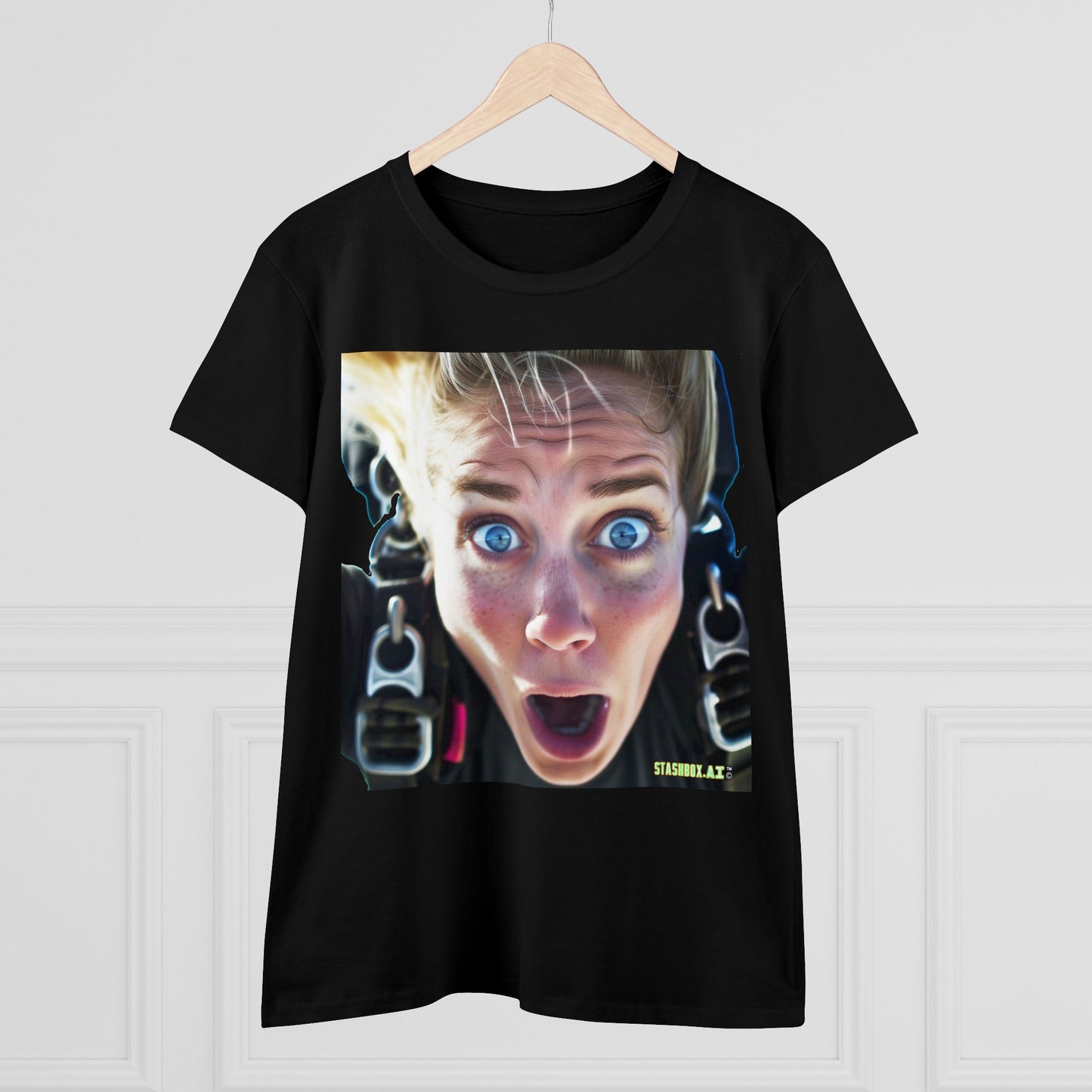 Women's Midweight Cotton Tshirt Terrified Skydiver Close Up 023