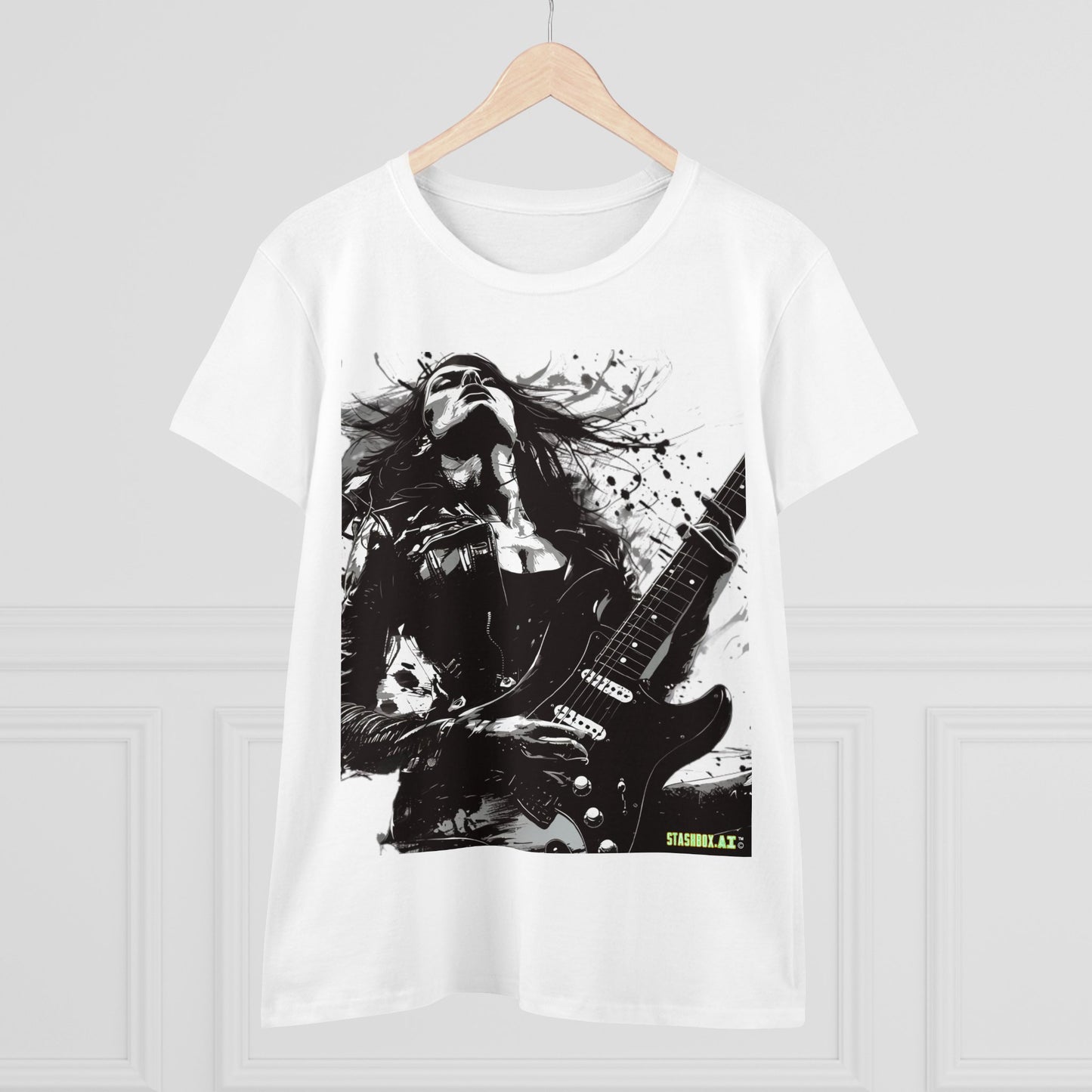 Women's Midweight Cotton Tshirt Girl Guitarist Rocking 001