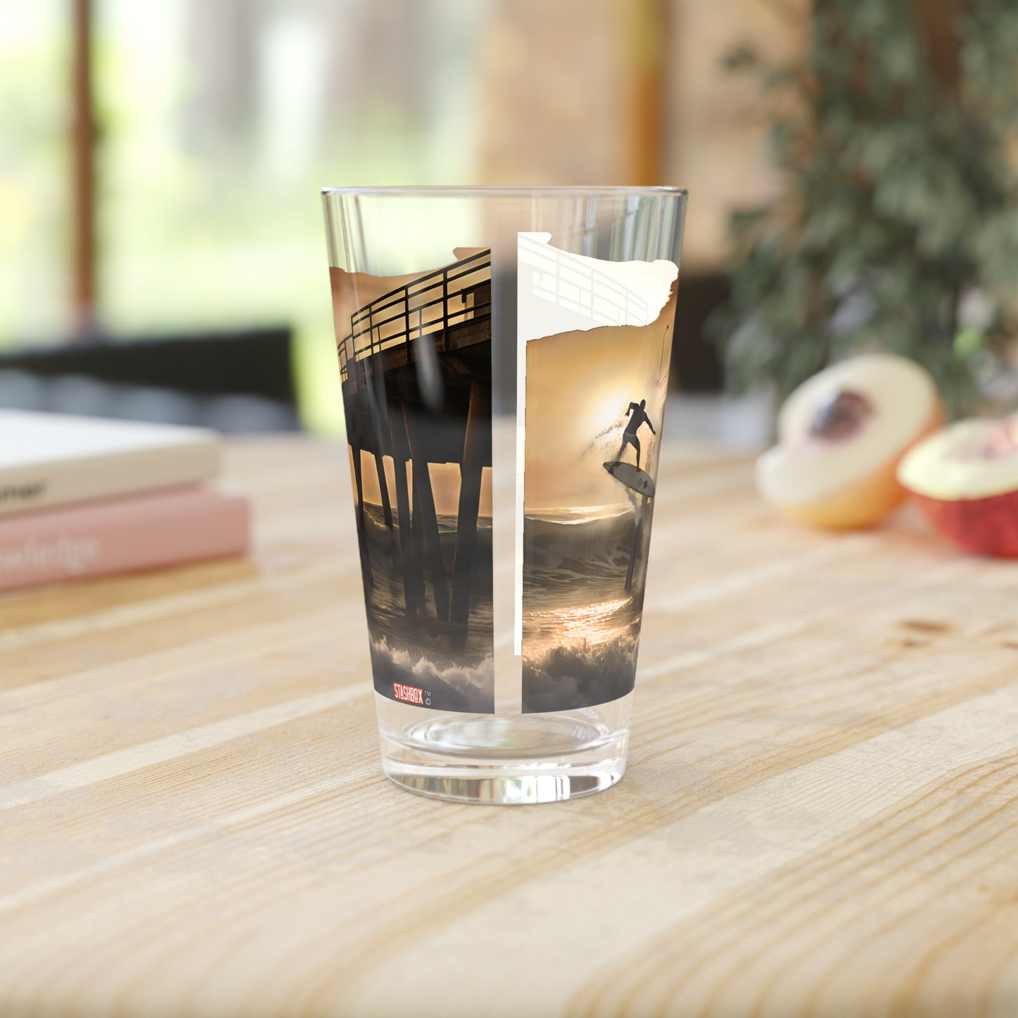 Pint Glass 16oz Huntington Beach Surfer Charging The Pier Waves 062