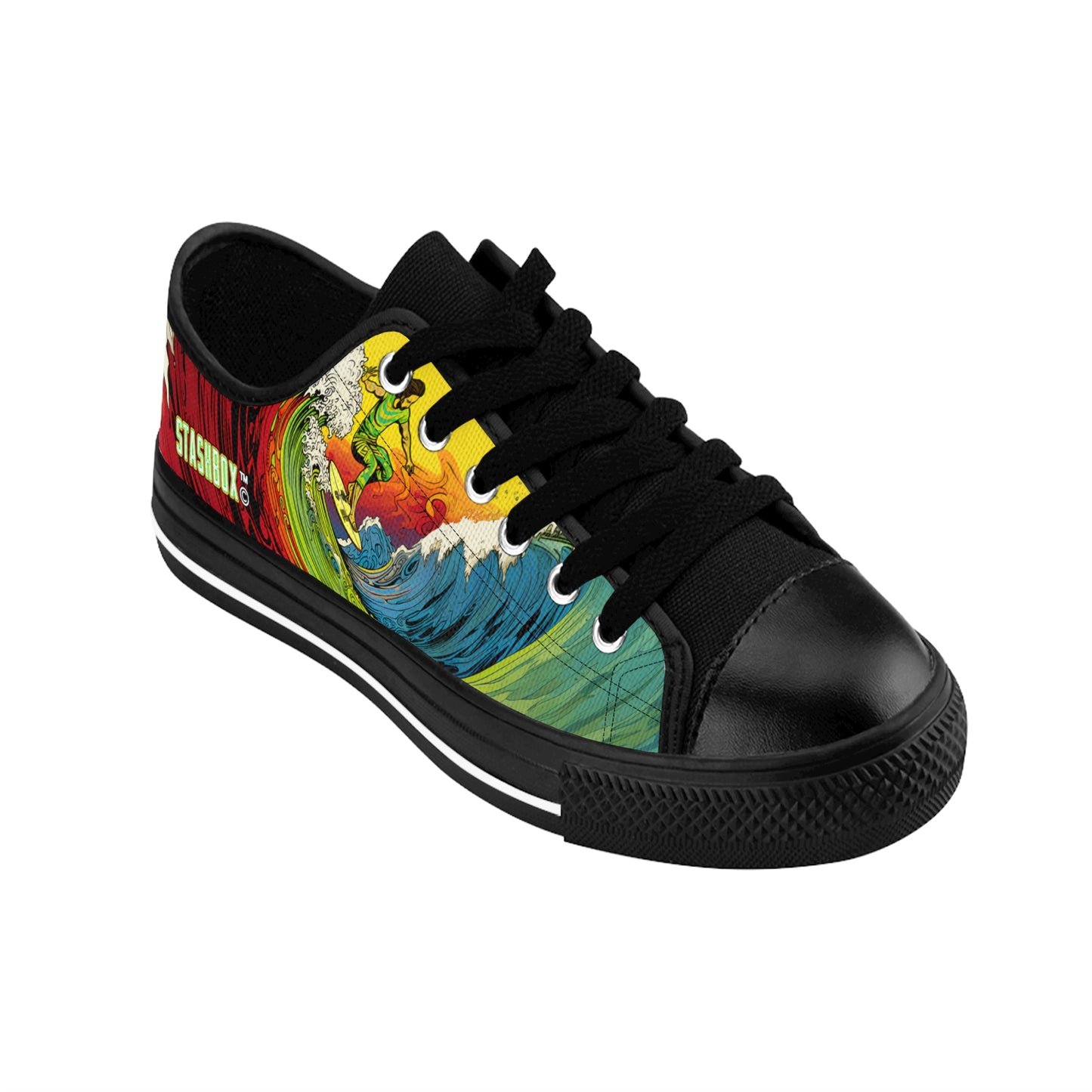 STASHBOX.AI Custom Men's Surfing Wave Green Yellow Red Surfboard Shoes with original reggae and music artwork