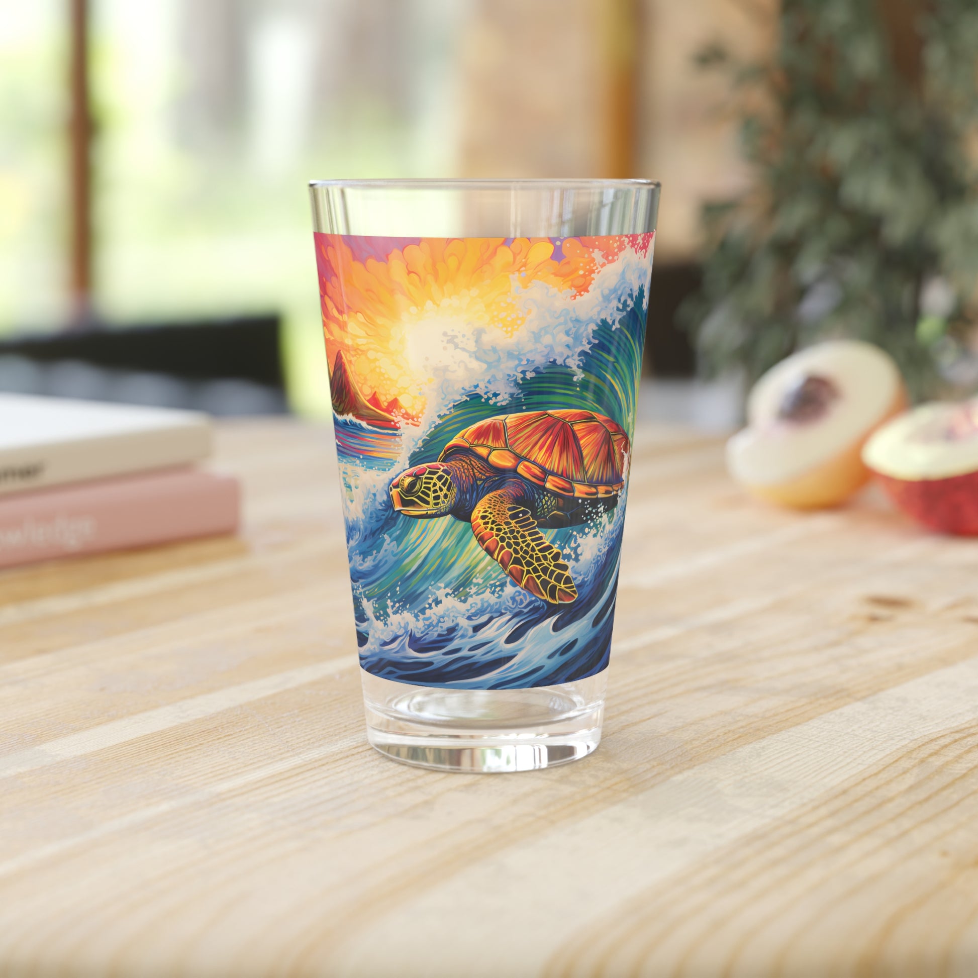 Waves Design #027 Surfing Turtle Pint Glass 16oz: Dive into ocean adventures with our surfing turtle-themed pint glass, a colorful addition to your collection.