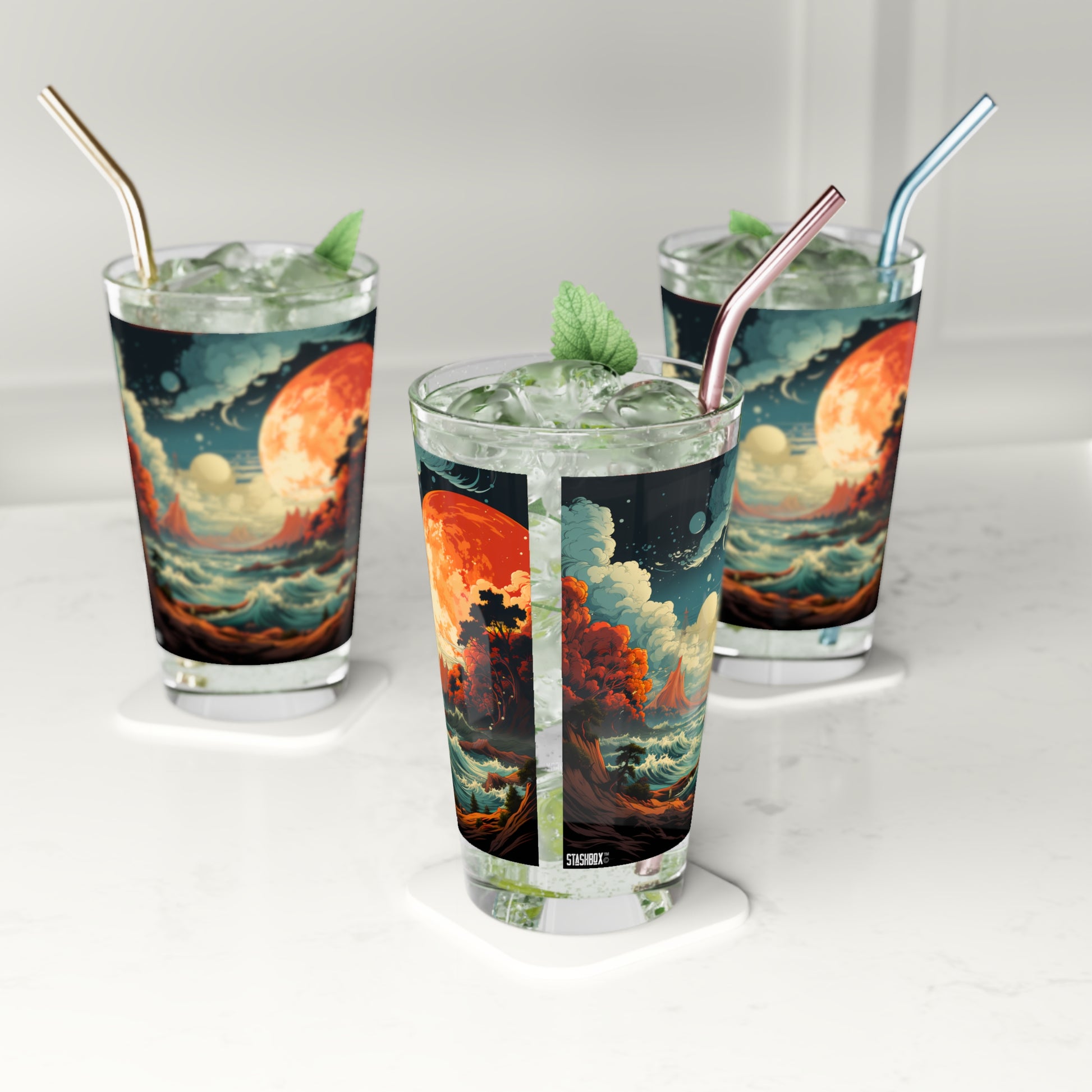 Seaside Serenity in a Glass: Spacy Colorful Beach Waves Pint Glass, 16oz - Waves Design #037. Embrace the calming aura of the coast with this picturesque pint glass. A perfect blend of art and utility, designed for those who love the beach life. #SeasideSerenity #WaveInspiration #BeachRelaxation