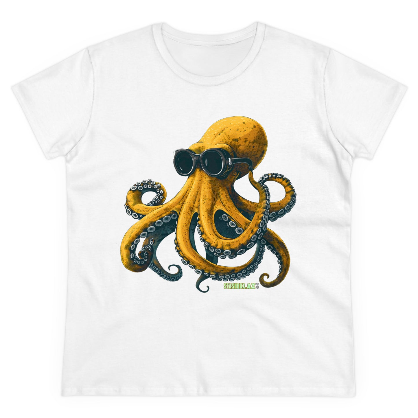 Women's Midweight Cotton Tshirt Yellow Octopus wearing goggles 001