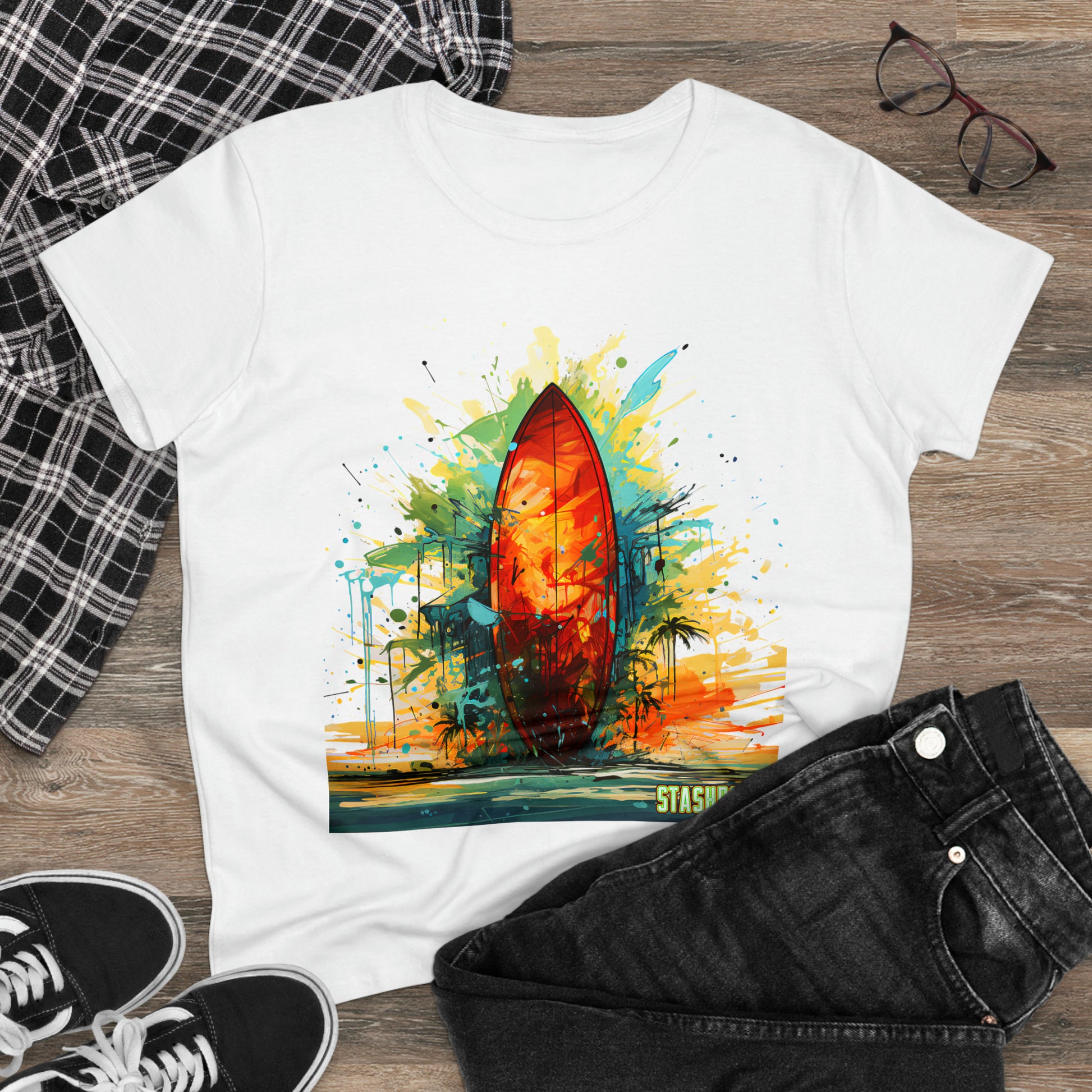 Surf in Style: Dive into the colorful world of surfboard art with our Women's Midweight Cotton Tee - Surfboard Design #010. Vibrant paint strokes meet comfortable fabric, making this tee perfect for beach days and beyond. 🌊👚 #SurfboardArtistry #BeachFashion #StashboxTees