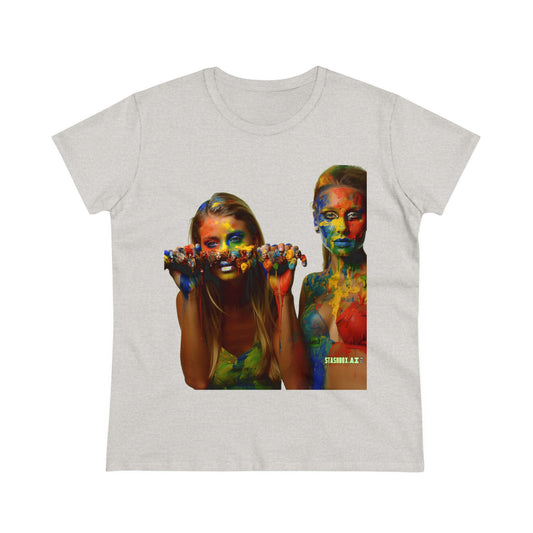Women's Midweight Cotton Tshirt Two Beautiful Models Covered in Rainbow Paint 023