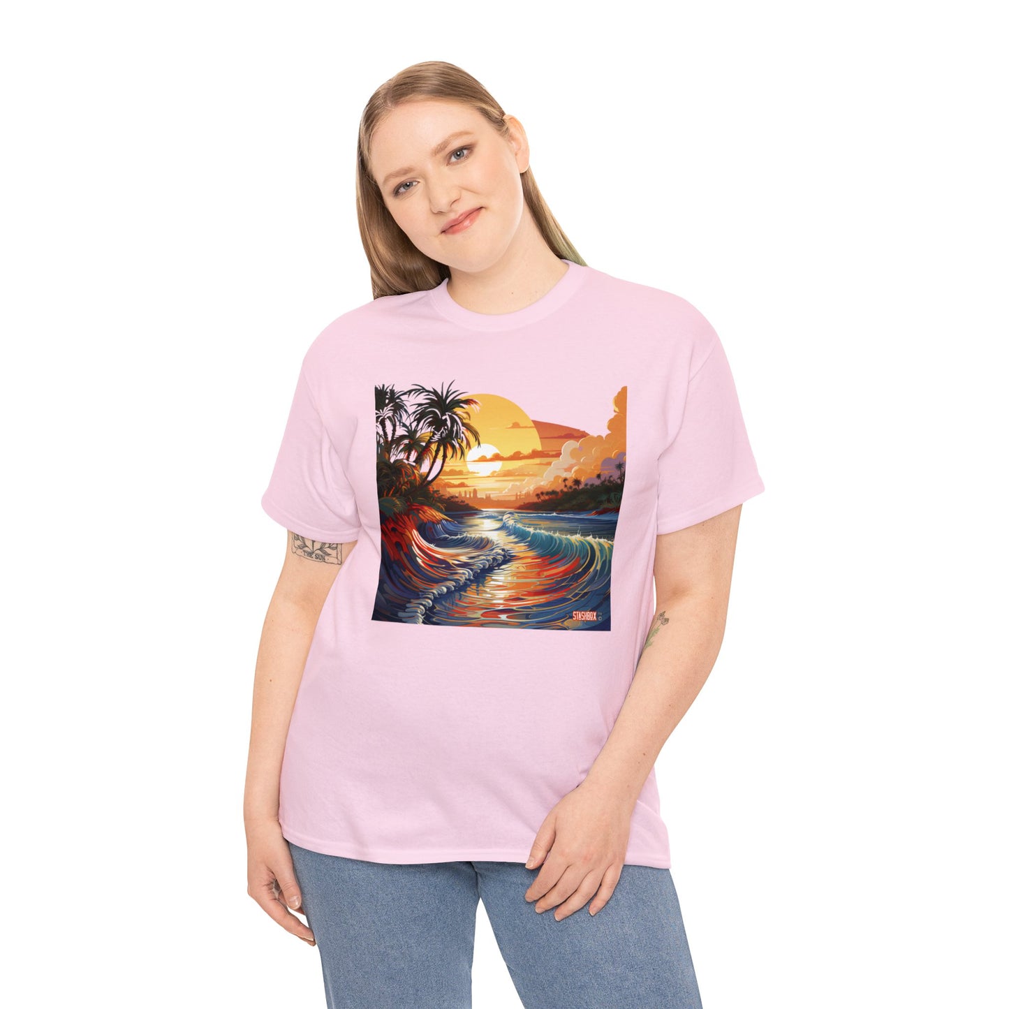 Stunning Sunset Beach Waves Art - Unisex Heavy Cotton Tee - Waves Design #057