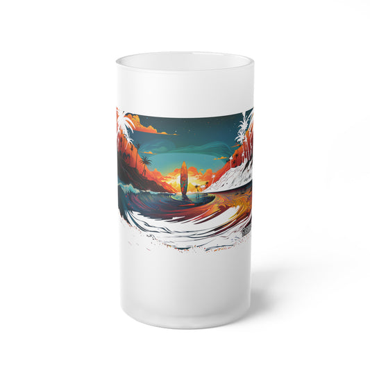 Frosted Glass Beer Mug Stunning Sunset Surfboard Art 001