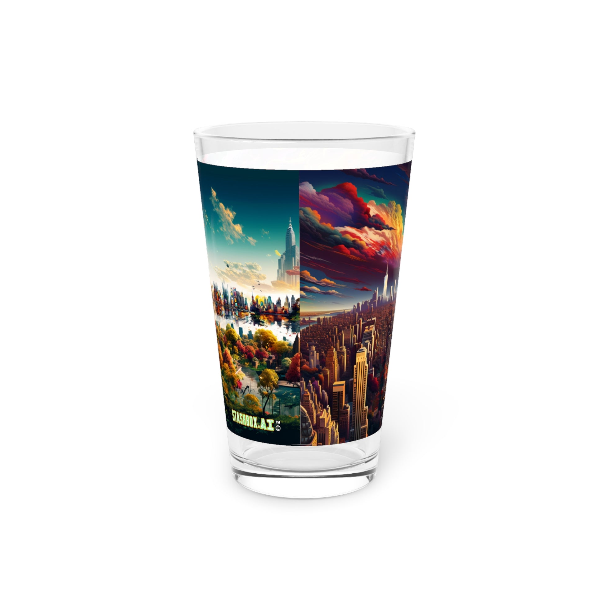 Limited Edition Urban Dreamscape Pint Glass - Stashbox New York Design - #SurrealCityscape #PsychedelicUrbanArt #CollectibleGlassware 🌌🎨