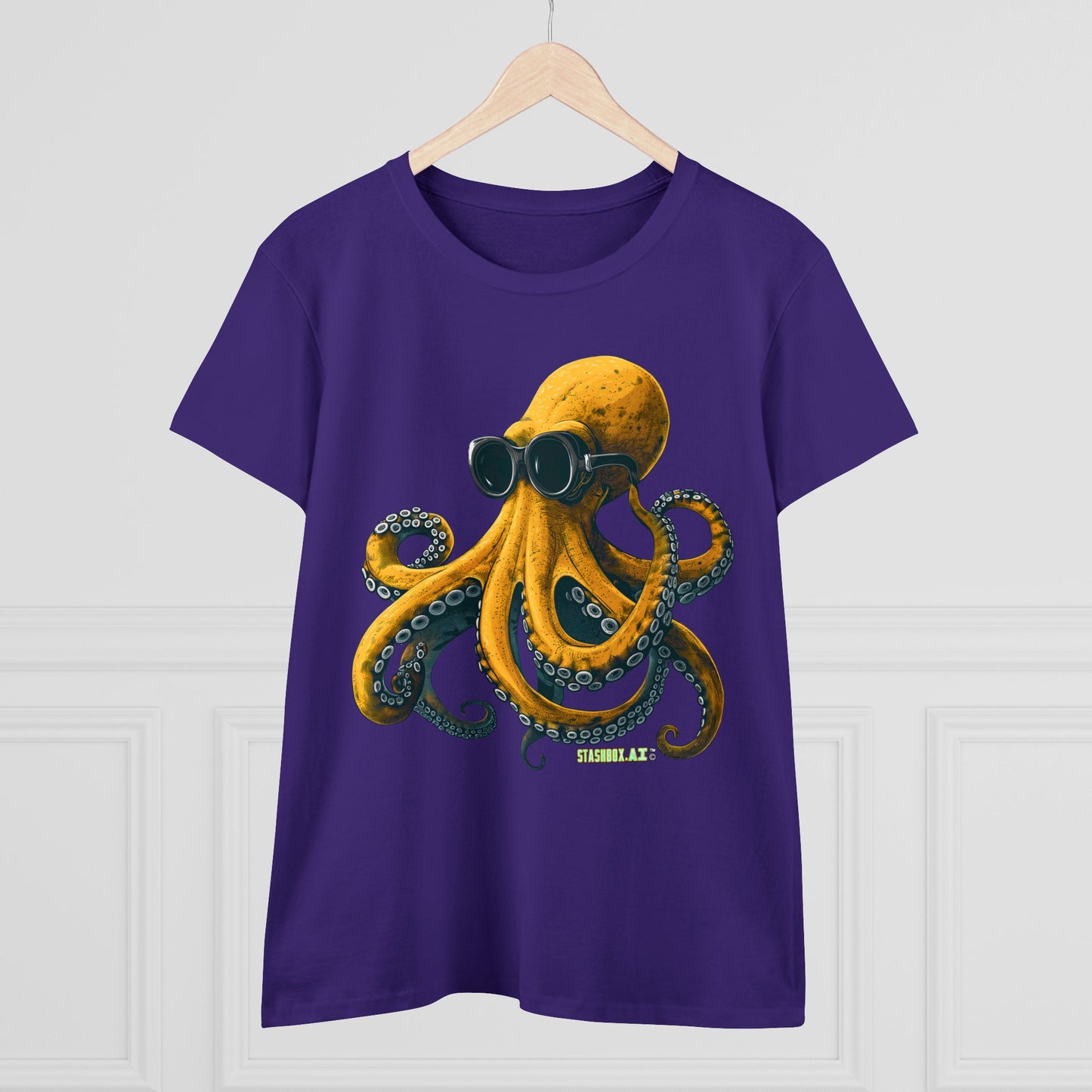 Women's Midweight Cotton Tshirt Yellow Octopus wearing goggles 001