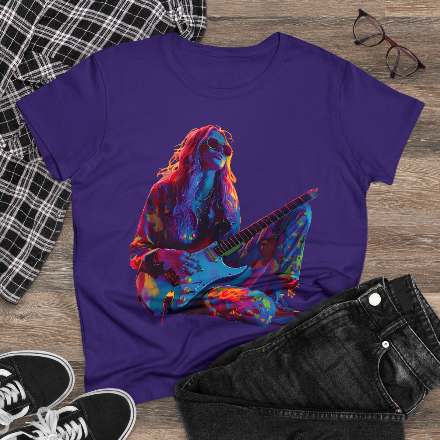 Women's Midweight Cotton Tshirt Colorful Hippy Female Guitarist in the Groove  002