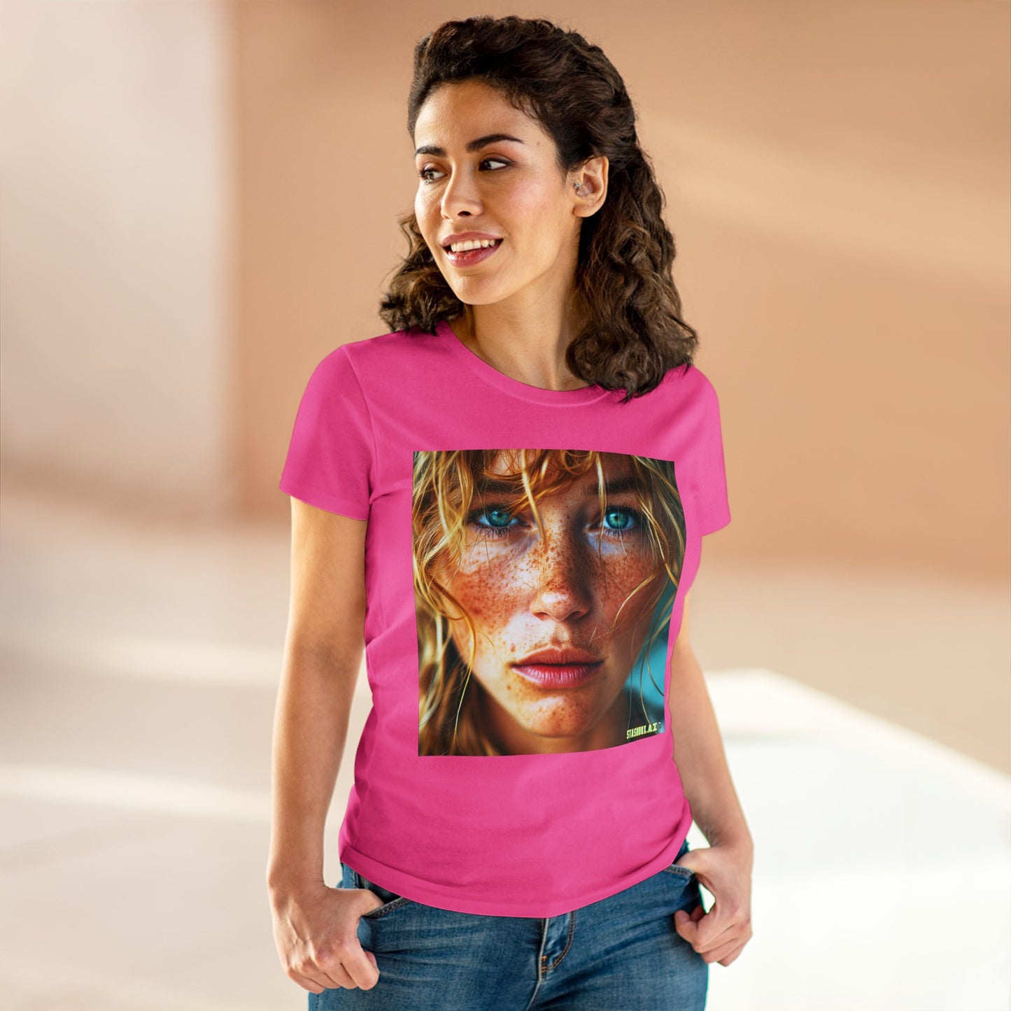 Women's Midweight Cotton Tshirt Redhead Model Beautiful Face Close Up 021