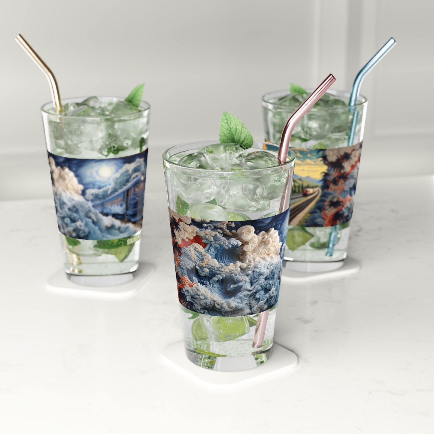 Pint Glass, 16oz Oceanic Express: Fluid Forms Mural Train 003