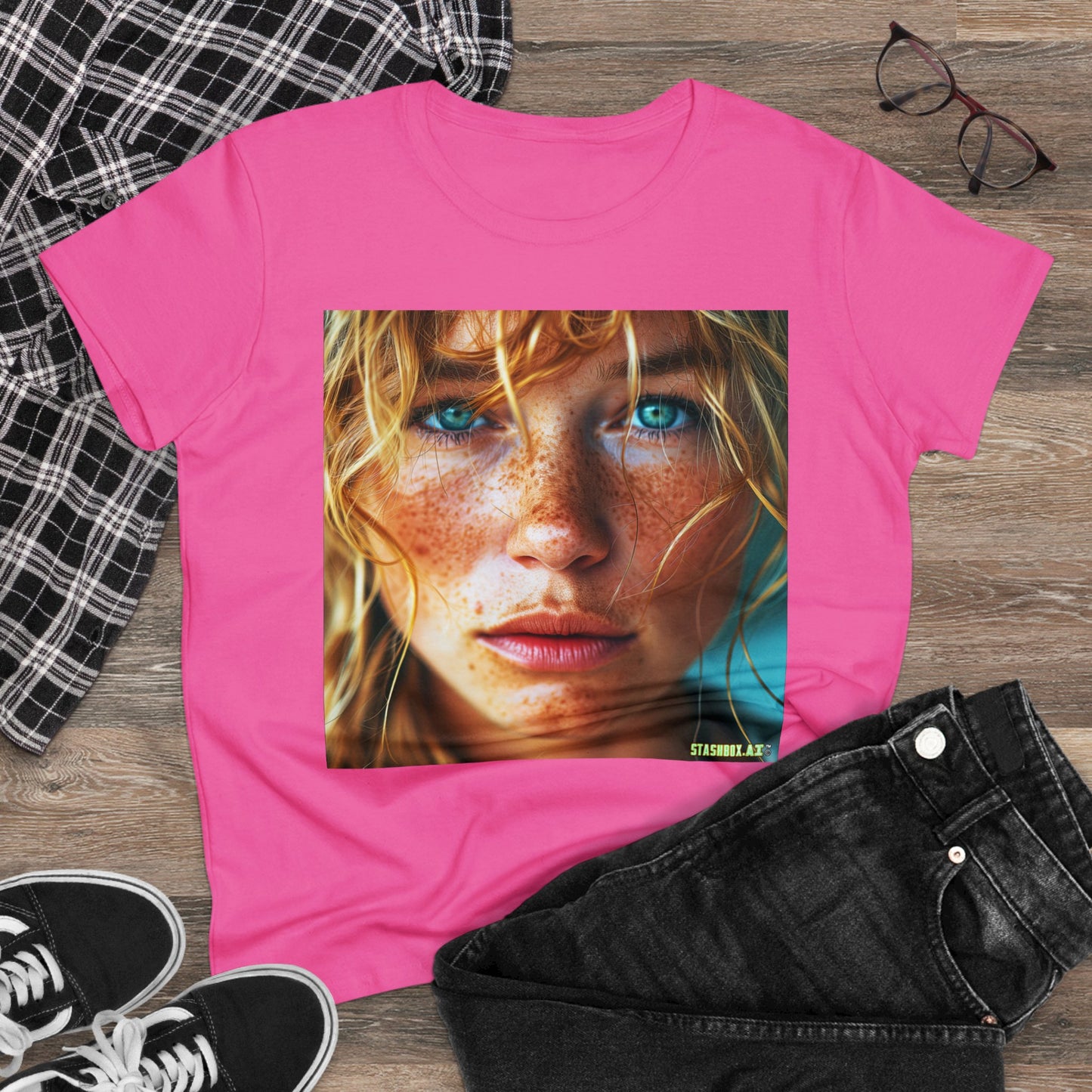 Women's Midweight Cotton Tshirt Redhead Model Beautiful Face Close Up 021