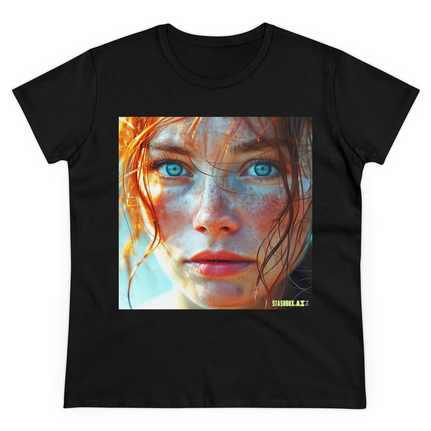 Women's Midweight Cotton Tshirt Redhead Model Beautiful Face Close Up 020