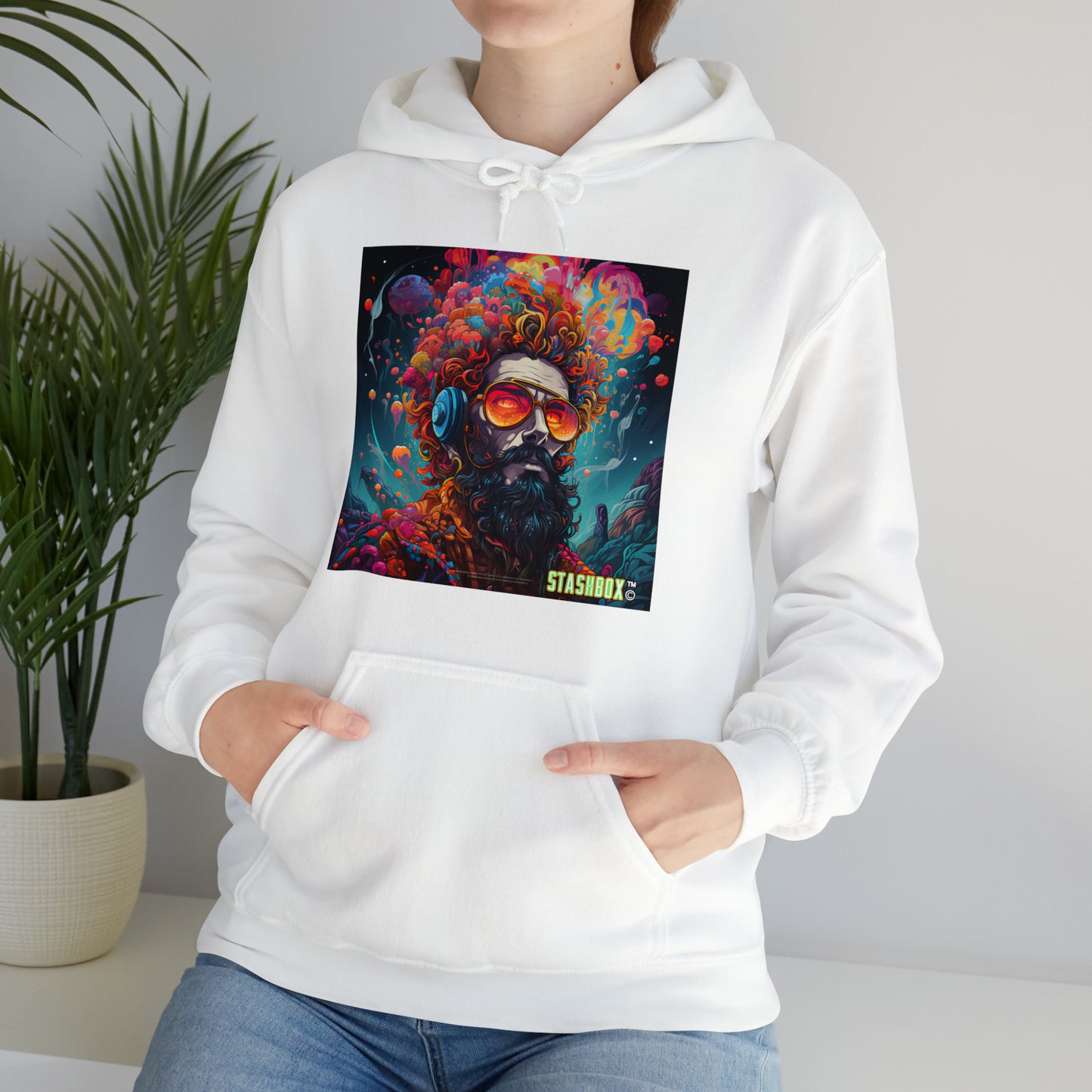 Step into the vibrant world of the Psychedelic MetaVerse with our Producer's Psychedelic Design #003 Hooded Sweatshirt. Digital creativity on fabric, exclusively at Stashbox.ai.