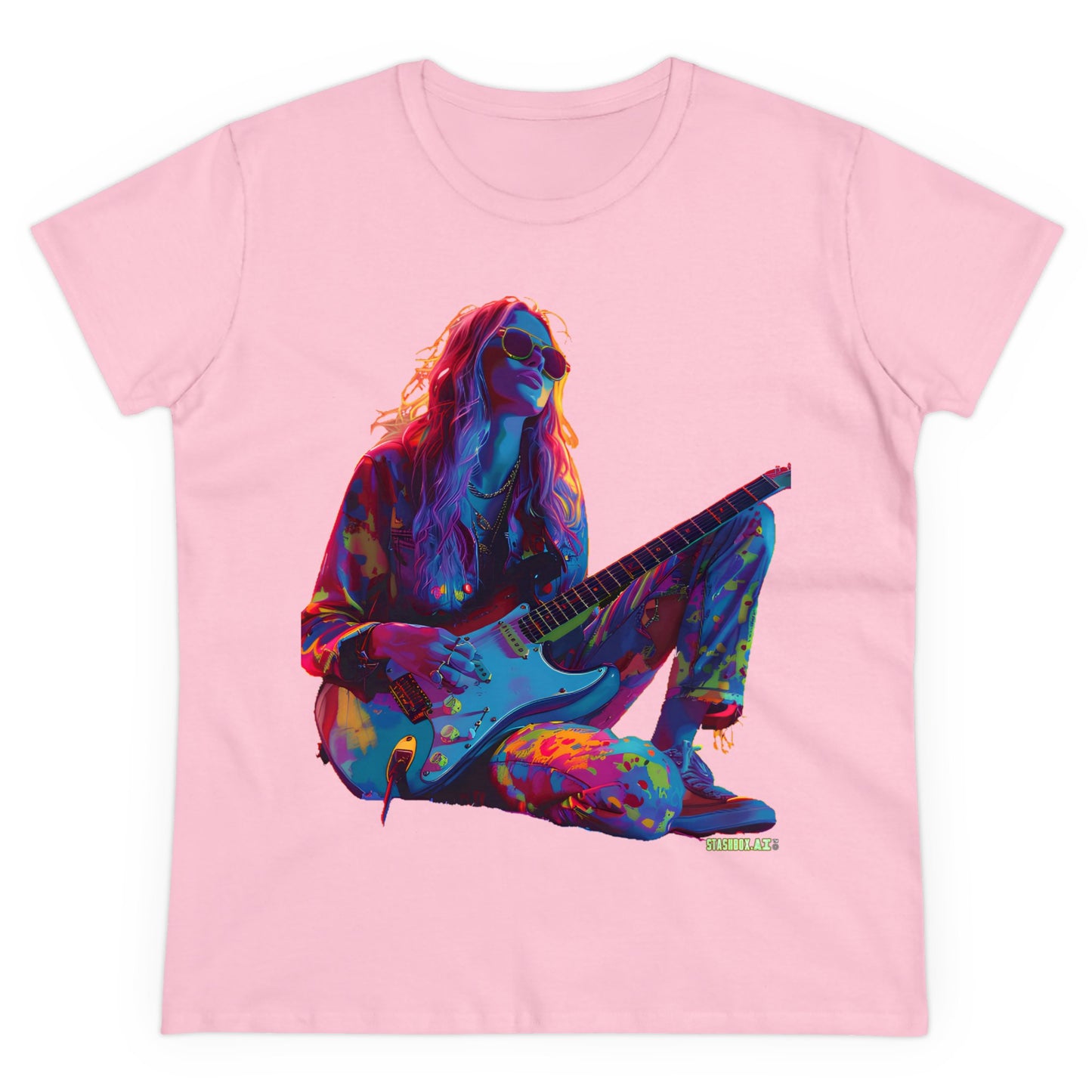 Women's Midweight Cotton Tshirt Colorful Hippy Female Guitarist in the Groove  002