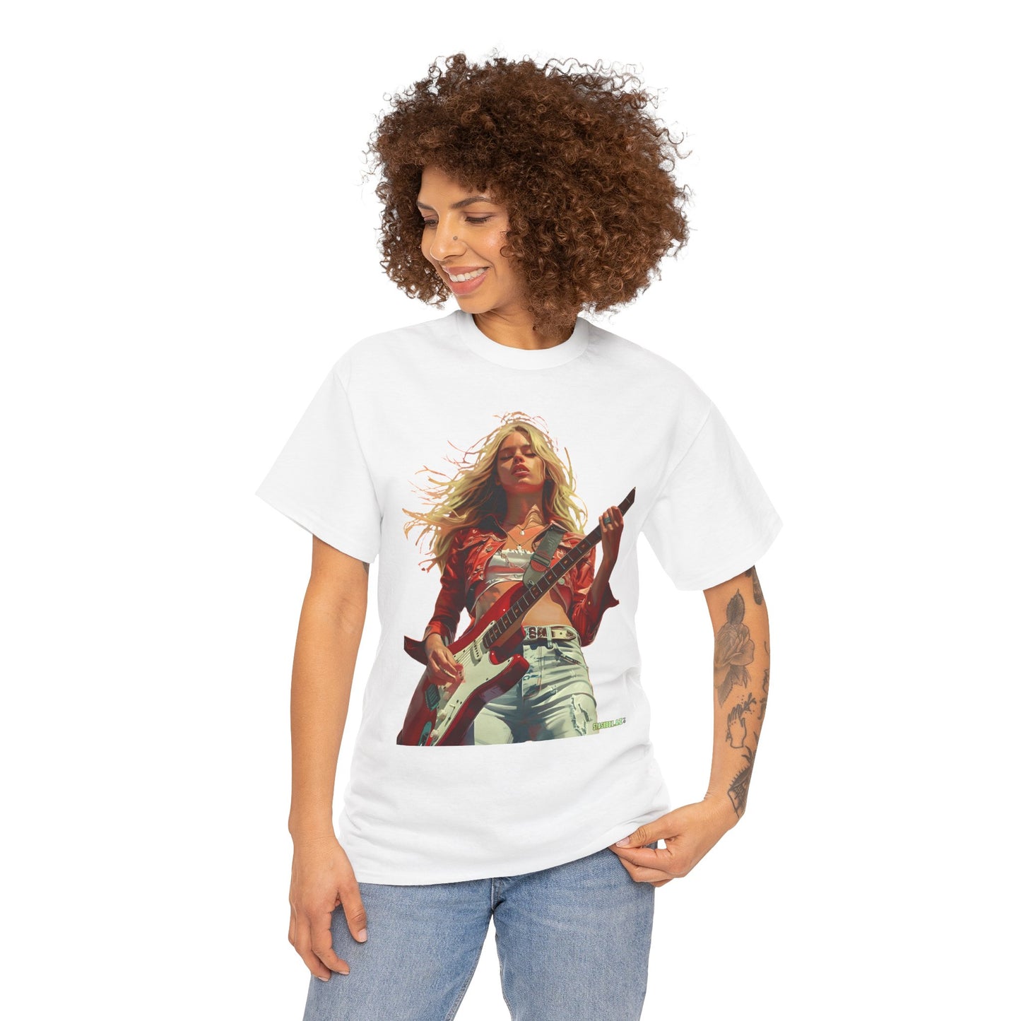 Unisex Heavy Cotton T-Shirt Girl Guitarist Rocking 013