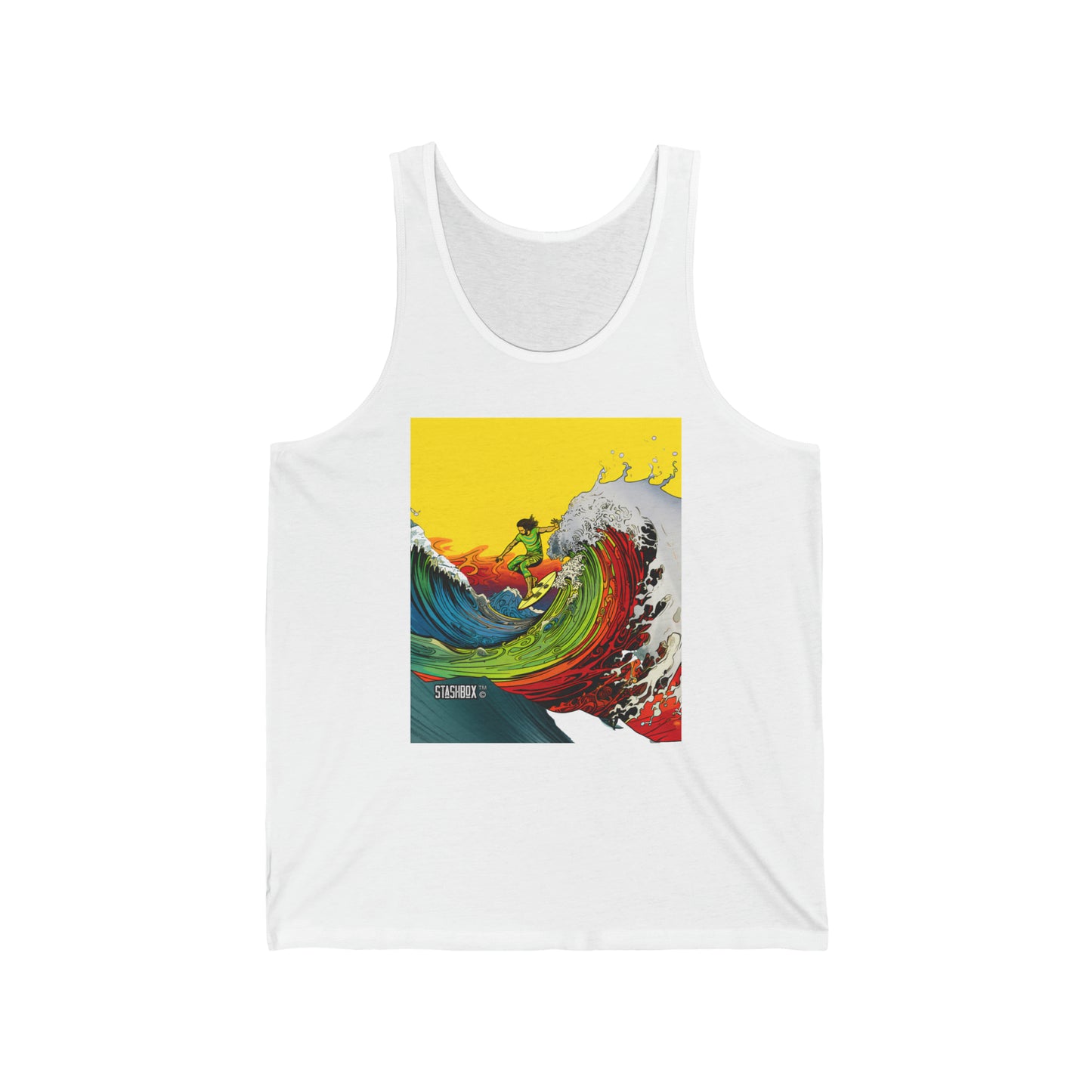 Unisex Jersey Tank Mixed Media Surfer Mid-Air Psychedelic Wave Art Fantasy Beach California 63