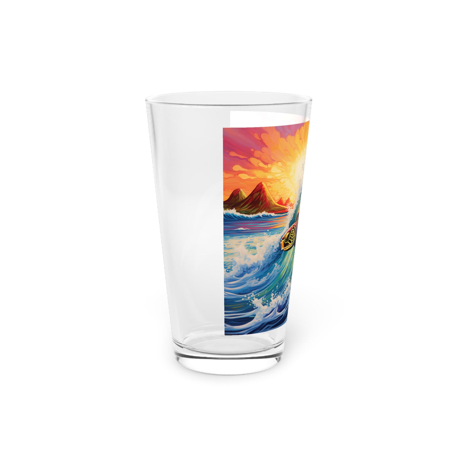 Waves Design #027 Surfing Turtle Pint Glass 16oz: Dive into ocean adventures with our surfing turtle-themed pint glass, a colorful addition to your collection.
