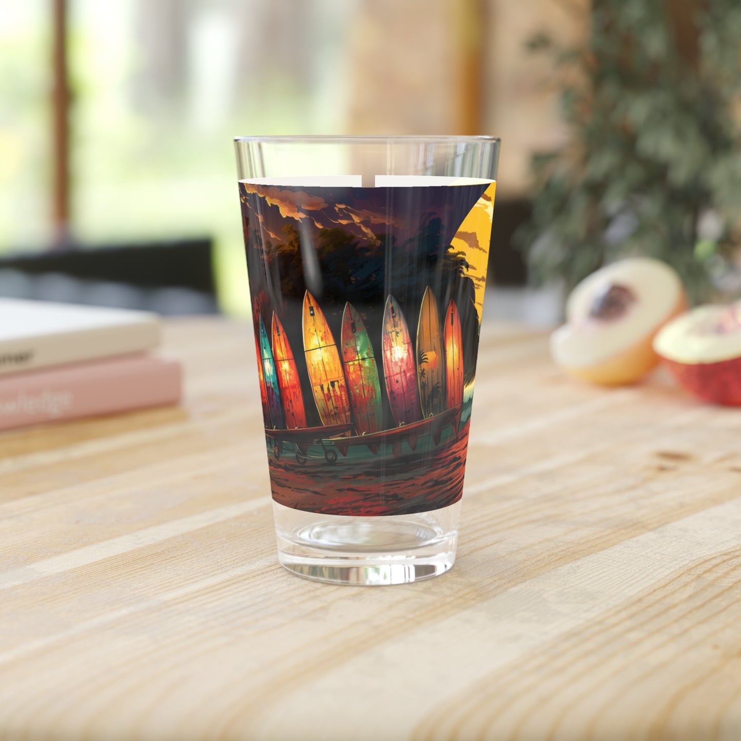 Surfboards & Waves on Tropical Beach Art Pint Glass, 16oz - Surfboards Design #007