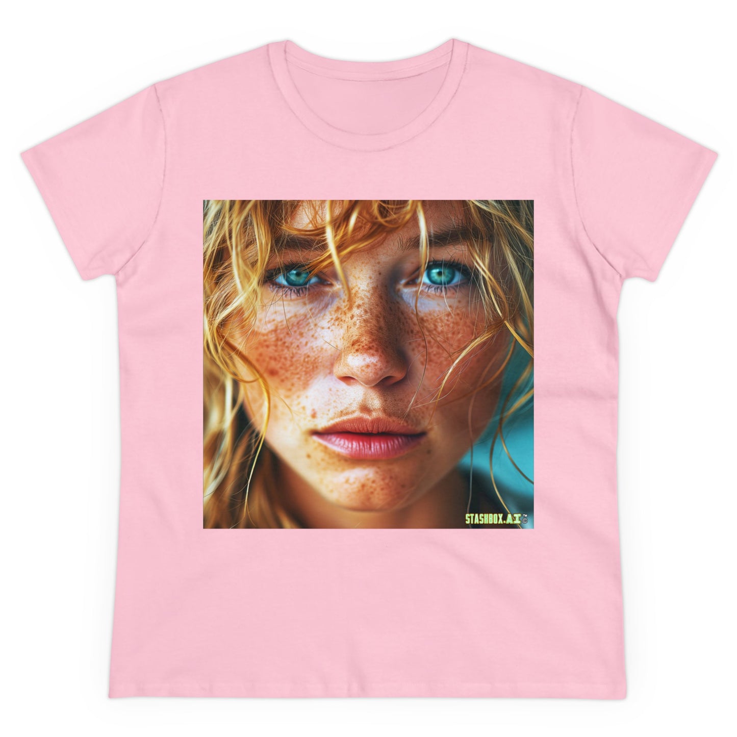 Women's Midweight Cotton Tshirt Redhead Model Beautiful Face Close Up 021
